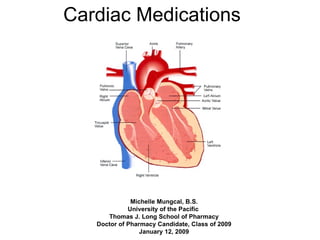 Cardiac Medications Michelle Mungcal, B.S. University of the Pacific  Thomas J. Long School of Pharmacy Doctor of Pharmacy Candidate, Class of 2009 January 12, 2009 