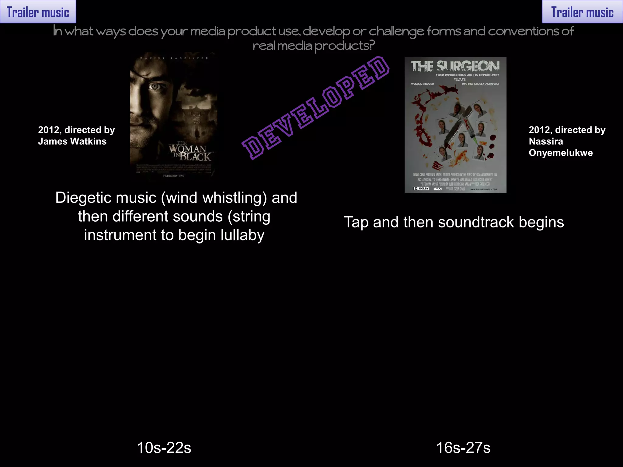 Trailer music                                                                               Trailer music
         In what ways does your media product use, develop or challenge forms and conventions of
                                         real media products?




      2012, directed by                                                                 2012, directed by
      James Watkins                                                                     Nassira
                                                                                        Onyemelukwe



          Diegetic music (wind whistling) and
             then different sounds (string               Tap and then soundtrack begins
              instrument to begin lullaby




                          10s-22s                                       16s-27s
 