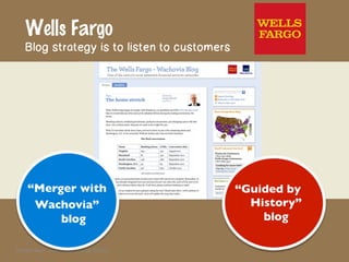 Wells Fargo
      Blog strategy is to listen to customers




       “Merger with  	

                                        “Guided by 
        Wachovia”                                              History”
            blog	
                                                  blog
                                                                       	


Debbie	
  Weil	
  -­‐	
  Friending	
  Over	
  50	
  ©2011	
  
 