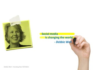 Social	
  media	
  	
  
                                                                	
  	
  	
  	
  	
  is	
  changing	
  the	
  world.	
  
                                                                	
  	
  	
  	
  	
  	
  	
  	
  	
  	
  	
  	
  	
  	
  	
  	
  	
  	
  -­‐	
  Debbie	
  Weil	
  




Debbie	
  Weil	
  -­‐	
  Friending	
  Over	
  50	
  ©2011	
  
 