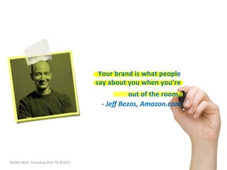  	
  	
  	
  Your	
  brand	
  is	
  what	
  people	
  
                                                                          say	
  about	
  you	
  when	
  you’re      	
  
                                                                                             out	
  of	
  the	
  room.
                                                                                                                     	
  
                                                                    	
  	
  -­‐	
  Jeﬀ	
  Bezos,	
  Amazon.com        	
  




Debbie	
  Weil	
  -­‐	
  Friending	
  Over	
  50	
  ©2011	
  
 