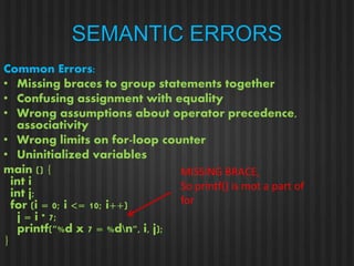 SEMANTIC ERRORS 
Common Errors: 
• Missing braces to group statements together 
• Confusing assignment with equality 
• Wrong assumptions about operator precedence, 
associativity 
• Wrong limits on for-loop counter 
• Uninitialized variables 
main () { 
int i 
int j; 
for (i = 0; i <= 10; i++) 
j = i * 7; 
printf("%d x 7 = %dn", i, j); 
} 
MISSING BRACE, 
So printf() is mot a part of 
for 
 