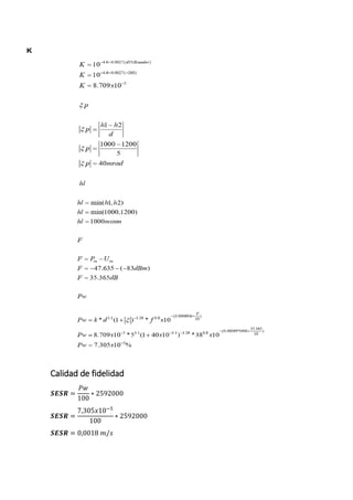 Calidad de fidelidad
𝑺𝑬𝑺𝑹 =
𝑃𝑤
100
∗ 2592000
𝑺𝑬𝑺𝑹 =
7,305𝑥10−5
100
∗ 2592000
𝑺𝑬𝑺𝑹 = 0,0018 𝑚/𝑠
 