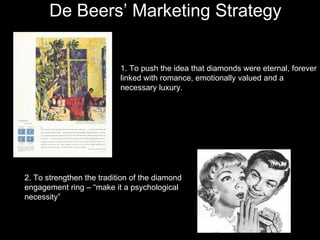 De Beers’ Marketing Strategy


                           1. To push the idea that diamonds were eternal, forever
                           linked with romance, emotionally valued and a
                           necessary luxury.




2. To strengthen the tradition of the diamond
engagement ring – “make it a psychological
necessity”
 