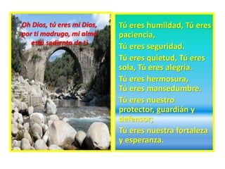 Tú eres humildad, Tú eres
paciencia,
Tú eres seguridad.
Tú eres quietud, Tú eres
sola, Tú eres alegría.
Tú eres hermosura,
Tú eres mansedumbre.
Tú eres nuestro
protector, guardián y
defensor;
Tú eres nuestra fortaleza
y esperanza.
Oh Dios, tú eres mi Dios,
por ti madrugo, mi alma
está sedienta de ti
 