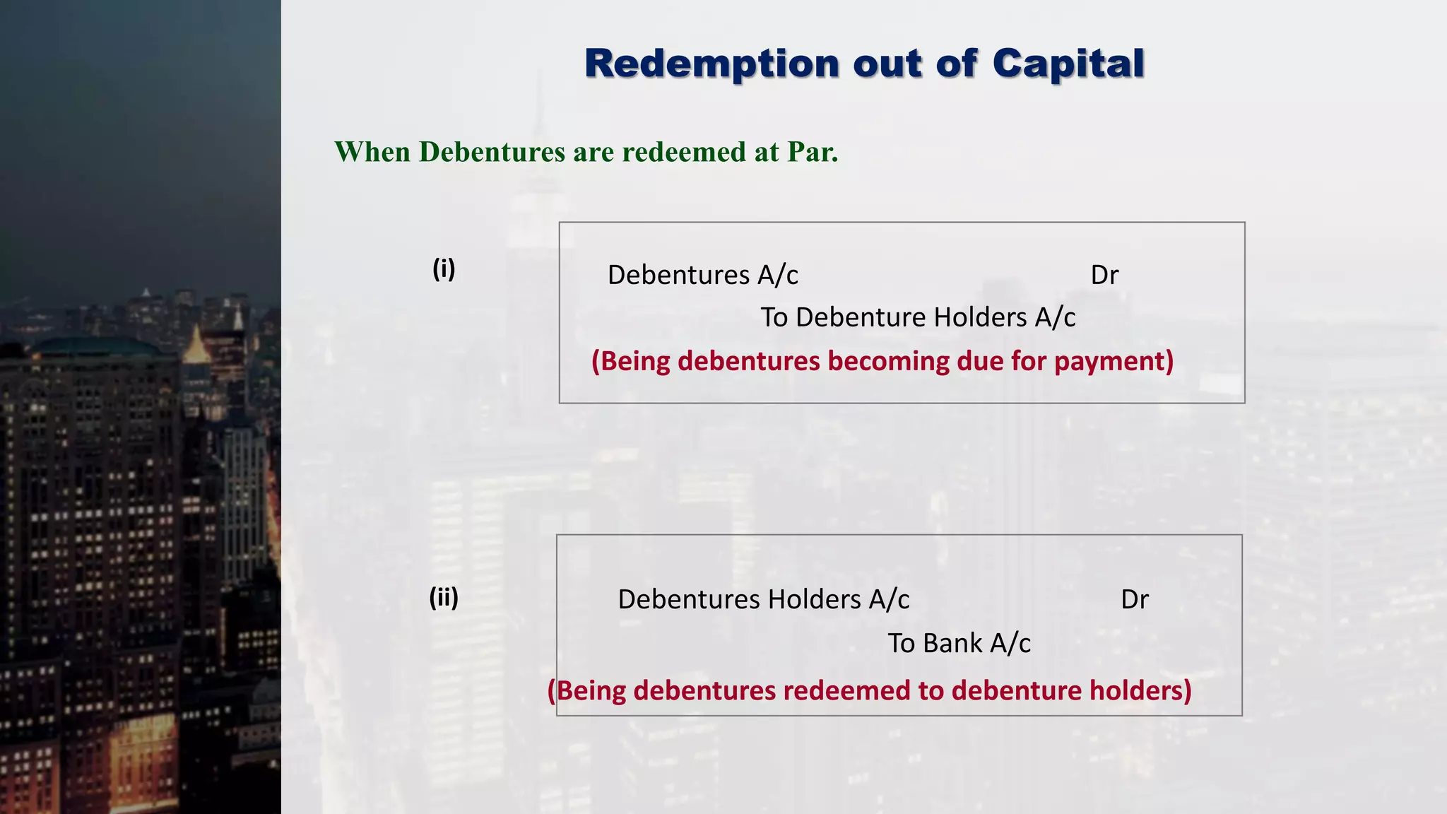 Redemption out of Capital
When Debentures are redeemed at Par.
(i) Debentures A/c Dr
To Debenture Holders A/c
(Being debentures becoming due for payment)
(ii) Debentures Holders A/c Dr
To Bank A/c
(Being debentures redeemed to debenture holders)
 