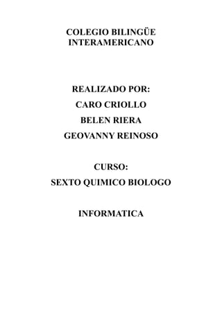 COLEGIO BILINGÜE INTERAMERICANO<br />REALIZADO POR:<br />CARO CRIOLLO<br />BELEN RIERA<br />GEOVANNY REINOSO<br />CURSO:<br />SEXTO QUIMICO BIOLOGO<br />INFORMATICA<br />Endocrinología<br />De Wikipedia, la enciclopedia libre<br />Saltar a navegación, búsqueda <br />C<br />Ilustración de la glándula tiroides (1) y paratiroides en la cara anterior del cuello.<br />La endocrinología es la especialidad médica encargada del estudio de la función normal, la anatomía y los desórdenes producidos por alteraciones del sistema endocrino.<br />Son glándulas endócrinas (o glándulas endocrinas) las siguientes: hipófisis, tiroides, paratiroides, parte del páncreas, glándulas sexuales (ovarios y testículos) y glándulas suprarrenales. Otros órganos cumplen funciones endócrinas, como la placenta (secreta las hormonas gonadotropina coriónica humana, progesterona, estrógeno), el riñón (secreta la enzima renina y la hormona eritropoyetina), y el aparato digestivo (el cual secreta gastrina, colecistoquinina, secretina).<br />Historia<br />Los primeros antecedentes provienen de China. Los chinos aislaron hormonas de la pituitaria de la orina humana usándolos para própositos médicos hacia el año 200 A.C., usando métodos complejos como la sublimación.<br />1500 años más tarde, en Europa, Berthold observó que, cuando eran castrados, los pollos no exhibían comportamientos propios de machos.<br />La noción de secreción interna fue establecida por Claude Bernard (1813 - 1878) al observar que el páncreas vierte en la circulación un producto que contribuye a la regulación de los niveles de azúcar en la sangre.<br />La primera hormona que se consiguió aislar y, más tarde, sintetizar fue la insulina, que proviene de los islotes de Langerhans, localizados en el páncreas, acción lograda en 1921 por Frederick Banting y Charles Best.<br />¿Qué es el sistema endocrino?El sistema endocrino es un sistema glandular complejo. Las glándulas son los órganos que fabrican las hormonas, las cuales son sustancias que ayudan a controlar las actividades en el cuerpo. Las hormonas controlan la reproducción, el metabolismo (la digestión de alimentos y la eliminación), y el crecimiento y desarrollo. Las hormonas también controlan la forma en que usted reacciona al ambiente que le rodea y ayudan a proporcionar la cantidad adecuada de energía y nutrición que su cuerpo necesita para funcionar. Las glándulas endocrinas incluyen la tiroides, las paratiroides, el páncreas, los ovarios, los testículos, las adrenales, la pituitaria y el hipotálamo.<br />¿Qué es un endocrinólogo?Un endocrinólogo es un médico especializado que diagnostica las enfermedades que afectan las glándulas. Sabe cómo tratar las condiciones que, con frecuencia, son complejas e incluyen a varios sistemas y estructuras dentro del cuerpo. Su médico principal le refiere a un endocrinólogo cuando usted tiene un problema en el sistema endocrino.<br />¿Qué hacen los endocrinólogos?Los endocrinólogos han sido entrenados para diagnosticar y tratar los problemas hormonales, mediante la restauración del equilibrio normal de las hormonas en su organismo. Entre ellos:<br />la diabetes<br />las enfermedades de la tiroides<br />el metabolismo<br />los desequilibrios hormonales<br />la menopausia<br />la osteoporosis<br />la hipertensión<br />los trastornos del colesterol (lípidos)<br />la infertilidad<br />la baja estatura<br />el cáncer de las glándulas<br />Los endocrinólogos también realizan investigaciones básicas para descubrir como las glándulas funcionan u la investigación clínica los ayuda a encontrar el mejor tratamiento para los pacientes. A base de las investigaciones, los endocrinólogos desarrollan nuevos medicamentos y tratamientos para los problemas hormonales.<br />¿Qué tipo de entrenamiento médico reciben los endocrinólogos?Después de concluir cuatro años de estudios médicos, los endocrinólogos pasan tres o cuatro años en un programa de pasantía y residencia. Estos programas especializados incluyen medicina interna, pediatría, u obstetricia y ginecología. Pasan dos o tres años más aprendiendo cómo diagnosticar y tratar condiciones hormonales. En su totalidad, la capacitación de un endocrinólogo tarda un poco más de 10 años.<br />¿Cuáles son las enfermedades o condiciones endocrinas más comunes?Las enfermedades y condiciones endocrinas pueden dividirse en varias ramas distintas. Algunos endocrinólogos se concentran en más de dos especialidades, tal como la diabetes, las enfermedades pediátricas, tiroideas, reproductivas y menstruales. Otros trabajan en todas las ramas de endocrinología; las ramas principales de endocrinología se describen a continuación.<br />La diabetesLos pacientes con diabetes tienen demasiada azúcar en la sangre. Estudios recientes han descubierto que controlar el azúcar en la sangre ayuda a prevenir problemas serios producidos por la diabetes. Estos incluyen problemas en los ojos, riñones y nervios, lo que puede producir ceguera, diálisis o amputación. Los endocrinólogos tratan la diabetes con dieta y medicamentos, incluyendo la insulina. También trabajan estrechamente con los pacientes para controlar el azúcar en la sangre y vigilarlos para que puedan evitar los problemas de salud.<br />La tiroidesLos pacientes con trastornos en la tiroides muchas veces tienen problemas relacionados a su nivel de energía. También pueden tener problemas con la fuerza muscular, las emociones, control del peso, y la habilidad de tolerar calor o frío. Los endocrinólogos tratan a los pacientes que tienen un exceso o una deficiencia de hormona tiroidea, ayudando a estos últimos a lograr un equilibrio hormonal mediante la sustitución de la hormona. Los endocrinólogos también reciben entrenamiento especial para tratar a los pacientes que tienen nodulos o cáncer en la tiroides, y glándulas tiroides inflamadas.<br />Los huesosOsteomalacia (raquitis, que ablanda los huesos) y la osteoporosis son enfermedades de los huesos que son diagnosticadas y tratadas por los endocrinólogos. La osteoporosis es una enfermedad que debilita el esqueleto. Ciertas hormonas actúan para proteger el tejido óseo. Cuando bajan los niveles hormonales, los huesos pueden perder calcio y debilitarse. La menopausia, en las mujeres, y la pérdida de la función testicular, en los hombres, y la edad pueden poner a la gente a riesgo de fracturarse los huesos. Los endocrinólogos tratan otras enfermedades que pueden afectar los huesos, tales como un exceso de la hormona paratiroidea, y el uso a largo plazo de esteroides como la prednisona (la cual se usa como tratamiento para otras condiciones).<br />Reproducción e infertilidadEn los Estados Unidos, una de cada diez parejas es infértil. La investigación endocrina ha ayudado a miles de parejas a tener niños. Los endocrinólogos diagnostican y tratan el desequilibrio hormonal que causa la infertilidad, y también evalúan y tratan a pacientes con problemas reproductivos. Trabajan con pacientes que necesitan reemplazamiento hormonal. Los problemas que tratan incluyen los síntomas de la menopausia, menstruación irregular, endometriosis, síndrome de ovario poliquístico, síndrome premenstrual e impotencia.<br />Obesidad y exceso de pesoLos endocrinólogos tratan a pacientes que sufren de sobrepeso u obesidad, con frecuencia por causa de problemas metabólicos y hormonales. La seña de la obesidad es demasiada gordura en el cuerpo. Las enfermedades de la tiroides, las suprarrenales, los ovarios y la pituitaria pueden causar obesidad. Los endocrinólogos también identifican factores asociados a la obesidad tales como resistencia a la insulina y problemas genéticos.<br />La glándula pituitariaA la pituitaria se le llama la glándula maestra porque controla las otras glándulas. La pituitaria fabrica varias hormonas importantes. El exceso o deficiencia de las hormonas pituitarias puede producir infertilidad, condiciones menstruales, problemas en el crecimiento (acromegalia o baja estatura) y una producción excesiva de cortisol (síndrome de Cushing). Los endocrinólogos controlan estas condiciones con medicamentos y mandan a los pacientes que necesitan cirugía a otros médicos.<br />El crecimientoLos niños y los adultos pueden sufrir los efectos cuando el cuerpo no produce suficiente hormona de crecimiento. Los endocrinólogos pediátricos tratan a niños que sufren de problemas endocrinos que causan baja estatura y otros trastornos de crecimiento. Los adultos con deficiencia de la hormona de crecimiento pueden sufrir disturbios emocionales y psicológicos, y sensación de fatiga. Para las personas que tienen un crecimiento anormal hay disponible una terapia para sustituir sin peligro la hormona de crecimiento.<br />La hipertensiónLa hipertensión es la presión sanguínea alta y es uno de los factores de riesgo de las enfermedades cardíacas. Casi un 10% de la gente tiene hipertensión debido a un exceso de aldosterona, una hormona producida en las glándulas adrenales. Casi la mitad de estos casos son causados por tumores que pueden ser extirpados por medio de la cirugía. Condiciones tales como el síndrome metabólico o un tumor llamado feocromocitoma también puede causar hipertensión. Estas enfermedades pueden ser tratadas con éxito.<br />Los trastornos lípidosLos pacientes con trastornos lípidos tienen dificultad en mantener los niveles normales de grasa corporal. Uno de los desórdenes lípidos más comunes es la hiperlipidemia – niveles elevados de colesterol total, colesterol de lipoproteína de baja densidad (denominado colesterol quot;
maloquot;
), y los triglicéridos en la sangre. Niveles elevados de estas grasas están vinculados a enfermedades del corazón y los vasos sanguíneos (enfermedad cardiaca coronaria), derrames y otras enfermedades de la circulación. La hipertensión es común en la gente con trastornos lípidos y, conjuntamente, estos factores ponen a los pacientes a mayor riesgo de sufrir enfermedades cardiacas coronarias. Los endocrinólogos han sido capacitados para detectar factores que pueden estar asociados a los trastornos lípidos, tales como el hipotiroidismo (la producción baja de hormonas de la tiroides), uso de drogas (como los esteroides), o enfermedades genéticas o metabólicas. Los trastornos lípidos pueden encontrarse en varias enfermedades que necesitan tratarse de manera especial, incluso el síndrome metabólico, el síndrome de ovario poliquístico y la obesidad. Es posible que receten dietas especiales, ejercicios y medicamentos para manejar la hiperlipidemia y otros trastornos lípidos.<br />