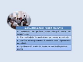 Métodos actitudes , normas y conocimientos desde la hasta entonces escuela tradicional. Retos actuales de la escuela Nació para dar respuestas  a las sociedades industriales de los siglos XIX, XXLa sociedad del siglo XXI escenario cultural , intelectual y social distinto.   Las redes telemáticas Pueden convertirse a mediado plazo cambio pedagógico 