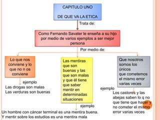 CAPITULO UNODE QUE VA LA ETICATrata de:Como Fernando Savater le enseña a su hijo por medio de varios ejemplos a ser mejor persona Por medio de:Lo que nos conviene y lo que no n os convieneQue nosotros somos los únicosque cometemos el mismo error varias veces Las mentiras que son buenas y las que son malas y que él tiene que saber mentir en determinadas situacionesejemploLas drogas son malasLas verduras son buenasejemploLos castores y las abejas saben lo q no que tiene que hacer y no cometer el mismo error varias vecesejemploUn hombre con cáncer terminal es una mentira buena.Y mentir sobre los estudios es una mentira mala