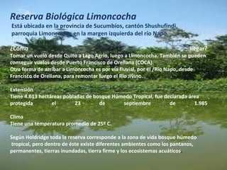 Reserva Biológica Limoncocha
Está ubicada en la provincia de Sucumbíos, cantón Shushufindi,
parroquia Limoncocha, en la margen izquierda del río Napo.

¿Cómo                                                                    llegar?
Tomar un vuelo desde Quito a Lago Agrio, luego a Limoncocha. También se pueden
conseguir vuelos desde Puerto Francisco de Orellana (COCA).
Otra forma de arribar a Limoncocha es por vía fluvial, por él /Río Napo, desde
Francisco de Orellana, para remontar luego el Río Jivino.

Extensión
Tiene 4.613 hectáreas pobladas de bosque Húmedo Tropical, fue declarada área
protegida        el       23        de      septiembre          de        1.985

Clima
Tiene una temperatura promedio de 25º C.

Según Holdridge toda la reserva corresponde a la zona de vida bosque húmedo
tropical, pero dentro de éste existe diferentes ambientes como los pantanos,
permanentes, tierras inundadas, tierra firme y los ecosistemas acuáticos.
 