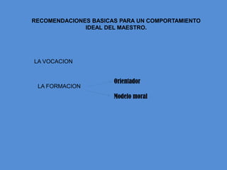 RECOMENDACIONES BASICAS PARA UN COMPORTAMIENTO
IDEAL DEL MAESTRO.
LA VOCACION
LA FORMACION
Orientador
Modelo moral