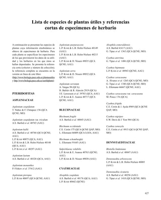 A continuación se presentan las especies de
plantas cuya información etnobotánica se
obtuvo de especímenes de herbario. Para
cada planta se especifican los especímenes
de los que provinieron los datos de su utili-
dad y los herbarios en los que éstos se
hallan depositados. Se presenta la referen-
cia corta (colector y número de colección);
la referencia completa se encuentra en la
versión en línea de este libro:
(http://www.biologia.puce.edu.ec/plantasutiles
y http://www.biologia.puce.edu.ec/usefulplants).
PTERIDOFITAS
ASPLENIACEAE
Asplenium cuspidatum
T. Núñez & F. Chitapaxi 156 (QCA
QCNE; MO)
Asplenium cuspidatum var. triculum
A.S. Barfod et al. 48765 (AAU)
Asplenium hallii
A.S. Barfod et al. 48744 (QCA QCNE;
AAU)
L.P. Kvist 40075 (QCA; AAU)
L.P. Kvist & L.B. Holm-Nielsen 40148
(QCA; AAU)
L.P. Kvist et al. 48297 (AAU)
Asplenium laetum
A.S. Barfod et al. 48320 (QCA; AAU)
Asplenium monanthes
P. Filskov et al. 37412 (AAU)
Asplenium pteropus
L.P. Kvist 40697 (QCA QCNE; AAU)
Asplenium purpurascens
L.P. Kvist & L.B. Holm-Nielsen 40149
(AAU)
L.P. Kvist & L.B. Holm-Nielsen 40215
(AAU)
L.P. Kvist & D. Nissen 49035 (QCA
QCNE; AAU)
Asplenium serra
L.P. Kvist & D. Nissen 49032 (QCA
QCNE; AAU)
Asplenium serratum
A. Vargas 98 (QCA)
H. Balslev & R. Alarcón 2919 (QCA)
J.E. Lawesson et al. 39783 (QCA; AAU)
L.P. Kvist & E. Asanza 40717 (QCA
QCNE; AAU)
BLECHNACEAE
Blechnum fragile
A.S. Barfod et al. 48845 (AAU)
Blechnum occidentale
C.E. Cerón 175 (QCA QCNE QAP; MO)
L. Ellemann 66809 (QCA LOJA; AAU)
Blechnum schomburgkii
L. Ellemann 91645 (AAU)
Salpichlaena volubilis
L.P. Kvist & E. Asanza 40763 (QCNE;
AAU)
L.P. Kvist & D. Nissen 49038 (AAU)
CYATHEACEAE
Alsophila cuspidata
A.S. Barfod et al. 48176 (QCA; AAU)
L.P. Kvist 40442 (QCNE)
Alsophila esmeraldensis
A.S. Barfod 41617 (AAU)
G. Tipaz et al. 1363 (QCA QCNE; MO)
Cyathea aterrima
G. Tipaz et al. 1486 (QCA QCNE; MO)
Cyathea bipinnata
L.P. Kvist et al. 48943 (QCNE; AAU)
Cyathea caracasana
A. Álvarez et al. 1265 (QCA QCNE; MO)
G. Tipaz et al. 1340 (QCA QCNE; MO)
L. Ellemann 66667 (QCNE; AAU)
Cyathea caracasana var. caracasana
M. Ponce 176 (QCA)
Cyathea frigida
C.E. Cerón & J. Ayala 8969 (QCA QCNE
QAP; MO)
Cyathea nigripes
E.W. Davis & J. Yost 964 (QCA)
Cyathea xenoxyla
C.E. Cerón et al. 8915 (QCA QCNE QAP;
MO)
DENNSTAEDTIACEAE
Blotiella lindeniana
A.S. Barfod et al. 48847 (AAU)
Dennstaedtia arborescens
L.P. Kvist & L.B. Holm-Nielsen 40085
(AAU)
Dennstaedtia cicutaria
A.S. Barfod et al. 48256 (AAU)
G. Tipaz et al. 1410 (QCA QCNE; MO)
627
Lista de especies de plantas útiles y referencias
cortas de especímenes de herbario
 