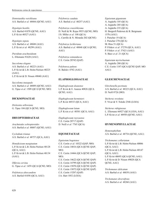Dennstaedtia werckleana
A.S. Barfod et al. 48884 (QCNE; AAU)
Hypolepis hostilis
A.S. Barfod 41070 (QCNE; AAU)
L.P. Kvist 40527 (AAU)
Hypolepis repens
A.S. Barfod et al. 48048 (AAU)
L.P. Kvist et al. 48299 (AAU)
Pteridium arachnoideum
L. Ellemann 91628 (AAU)
Saccoloma elegans
A.S. Barfod et al. 48223 (AAU)
L.P. Kvist & L.B. Holm-Nielsen 40225
(AAU)
L.P. Kvist & D. Nissen 49040 (AAU)
Saccoloma inaequale
A.S. Barfod et al. 48889 (QCNE; AAU)
G. Tipaz et al. 1509 (QCA QCNE; MO)
DICKSONIACEAE
Dicksonia sellowiana
G. Tipaz 104 (QCA QCNE; MO)
DRYOPTERIDACEAE
Arachniodes ochropteroides
A.S. Barfod et al. 48887 (QCNE; AAU)
Cyclodium trianae
A.S. Barfod et al. 48757 (QCA; AAU)
Hemidictyum marginatum
L.P. Kvist & L.B. Holm-Nielsen 40128
(QCA; AAU)
L.P. Kvist & L.B. Holm-Nielsen 40134
(AAU)
Olfersia cervina
G. Tipaz et al. 1459 (QCA QCNE; MO)
Polybotrya altescandens
A.S. Barfod 41058 (QCA; AAU)
Polybotrya caudata
A.S. Barfod et al. 48257 (AAU)
Polybotrya crassirhizoma
D. Neill & W. Rojas 9955 (QCNE; MO)
J.S. Miller et al. 108 (QCA)
L. Carrillo & N. Miranda 202 (QCNE)
Polybotrya lechleriana
A.S. Barfod et al. 48848 (QCA QCNE;
AAU)
Polybotrya osmundacea
C.E. Cerón 20742 (QAP)
Polybotrya pubens
H. Balslev 4792 (AAU)
ELAPHOGLOSSACEAE
Elaphoglossum doanense
L.P. Kvist & E. Asanza 40826 (QCA
QCNE; AAU)
Elaphoglossum herminieri
L.P. Kvist 40533 (QCA; AAU)
Elaphoglossum latum
L.P. Kvist et al. 48301 (QCA; AAU)
Elaphoglossum raywaense
C.E. Cerón 20717 (QAP)
D. Neill et al. 7765 (QCA)
EQUISETACEAE
Equisetum bogotense
C.E. Cerón et al. 10322 (QAP; MO)
C.E. Cerón 14016 (QCA QCNE QAP;
MO)
C.E. Cerón 14466 (QCA QCNE QAP;
MO)
C.E. Cerón 14622 (QCA QCNE QAP)
C.E. Cerón 14799 (QCA QCNE QAP)
C.E. Cerón 15070 (QCA QCNE QAP)
C.E. Cerón 15072 (QCA QCNE QAP)
C.E. Cerón 15287 (QAP)
J.A. Hart 1052 (LOJA)
Equisetum giganteum
A. Argüello 105 (QCA)
A. Argüello 205 (QCA)
A. Argüello 235 (QCA)
H. Borgtoft Pedersen & B. Bergmann
157b (AAU)
J. Putscher 19 (QCA)
J. Putscher 278 (QCA)
M. Ríos 51 (QCA)
P. Filskov et al. 37278 (QCA; AAU)
P. Filskov et al. 37421 (AAU)
S. Báez et al. 21 (QCA)
Equisetum myriochaetum
A. Argüello 280 (QCA)
C.E. Cerón 1187 (QCA QCNE QAP; MO
AAU)
GLEICHENIACEAE
Gleichenella pectinata
A.S. Barfod et al. 48323 (QCA; AAU)
D. Neill 8726 (MO)
Sticherus revolutus
F. Vivar & V. Toledo 2546 (LOJA)
Sticherus rubiginosus
L. Ellemann 66927 (QCA LOJA; AAU)
L.P. Kvist et al. 48950 (QCNE; AAU)
HYMENOPHYLLACEAE
Hymenophyllum
A.S. Barfod et al. 48754 (QCNE; AAU)
Trichomanes collariatum
L.P. Kvist & L.B. Holm-Nielsen 40086
(QCA; AAU)
L.P. Kvist & L.B. Holm-Nielsen 40147
(QCA; AAU)
L.P. Kvist 40695 (QCA QCNE; AAU)
L.P. Kvist & D. Nissen 49028 (QCA
QCNE; AAU)
Trichomanes delicatum
A.S. Barfod et al. 48839 (AAU)
Trichomanes diversifrons
A.S. Barfod et al. 48260 (AAU)
628
Referencias cortas de especímenes
 
