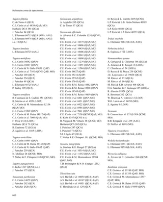 Tagetes filifolia
C. de Torres 6 (QCA)
C.E. Cerón et al. 6838 (QAP; MO)
Herbario QCA 384 (QCA)
J. Putscher 84 (QCA)
L. Ellemann 66713 (QCA LOJA; AAU)
L. Ellemann 66978 (QCA LOJA; AAU)
s.c. 18 (QCA)
Tagetes lunulata
L. Ellemann 66725 (AAU)
Tagetes multiflora
C.E. Cerón 16082 (QAP)
C.E. Cerón 18847 (QAP)
C.E. Cerón & N. Gallo 19639 (QAP)
C.E. Cerón et al. 7101 (QCNE QAP; MO)
J. Putscher 148 (QCA)
J. Putscher 254 (QCA)
J. Putscher 49 (QCA)
L. Ellemann 66725 (AAU)
P. Bailey 109 (QCA)
Tagetes terniflora
B. Cuamacás & E. Gudiño 351 (QCNE)
B. Merino et al. 4920 (LOJA)
C.E. Cerón & M. Montesdeoca 12156
(QAP; MO)
C.E. Cerón 15269 (QAP)
C.E. Cerón & M. Reina 18812 (QAP)
C.E. Cerón et al. 7000 (QAP; MO)
F. Vivar 2724 (LOJA)
Herbario QCA 71 (QCA)
R. Espinosa 72 (LOJA)
Z. Aguirre et al. 4415 (LOJA)
Tagetes verticillata
C.E. Cerón 18844 (QAP)
C.E. Cerón & M. Reina 19342 (QAP)
C.E. Cerón & N. Gallo 19615 (QAP)
J. Putscher 239 (QCA)
N. Molliner 28 (QCNE; MO)
T. Núñez & F. Chitapaxi 163 (QCNE; MO)
Tagetes zypaquirensis
E. Kohn 1367 (QCNE n.v.)
J. Putscher 175 (QCA)
Tanacetum parthenium
C.E. Cerón 14679 (QAP)
J. Putscher 202 (QCA)
J. Putscher 242b (QCA)
Taraxacum argutifrons
A. Argüello 283 (QCA)
C. de Torres 17 (QCA)
Taraxacum officinale
A. Álvarez & C. Columba 1358 (QCNE;
MO)
C.E. Cerón et al. 10375 (QAP; MO)
C.E. Cerón et al. 10406 (QAP; MO)
C.E. Cerón et al. 10439 (QAP; MO)
C.E. Cerón et al. 10606 (QAP; MO)
C.E. Cerón et al. 10941 (QAP; MO)
C.E. Cerón et al. 10990 (QAP; MO)
C.E. Cerón et al. 11279 (QAP; MO)
C.E. Cerón et al. 11291 (QAP; MO)
C.E. Cerón et al. 11584 (QAP; MO)
C.E. Cerón 14827 (QAP)
C.E. Cerón 15216 (QAP)
C.E. Cerón 15765 (QAP)
C.E. Cerón 17643 (QAP)
C.E. Cerón & M. Reina 18882 (QAP)
C.E. Cerón & M. Reina 18928 (QAP)
C.E. Cerón 19543 (QAP)
C.E. Cerón & M. Reina 19859 (QAP)
C.E. Cerón et al. 6801 (QAP; MO)
C.E. Cerón et al. 6831 (QAP; MO)
C.E. Cerón et al. 6922 (QAP; MO)
C.E. Cerón et al. 6984 (QAP; MO)
C.E. Cerón et al. 7061 (QAP; MO)
C.E. Cerón et al. 7130 (QCNE QAP; MO)
E. Kohn 1347 (QCNE n.v.)
H. Vargas & M. Villacís 38 (QCNE; MO)
Herbario QCA 262 (QCA)
J. Putscher 247 (QCA)
J. Putscher 71 (QCA)
S.J. Lligalo 49 (QCA)
T. Núñez & F. Chitapaxi 191 (QCNE; MO)
Tessaria integrifolia
A. Jiménez & E. Rengel 27 (LOJA)
C.E. Cerón et al. 10314 (QAP; MO)
C.E. Cerón et al. 11352 (QAP; MO)
C.E. Cerón & M. Montesdeoca 12504
(QAP; MO)
T.D. Pennington & N.O. Chango 12312
(QCA)
Tilesia baccata
A.S. Barfod et al. 48054 (QCA; AAU)
A.S. Barfod et al. 48167 (QCA; AAU)
A.S. Barfod et al. 48851 (QCA; AAU)
C. Hernández et al. 129 (QCA)
D. Reyes & L. Carrillo 669 (QCNE)
L.P. Kvist & L.B. Holm-Nielsen 40103
(QCA)
L.P. Kvist 40190 (QCA)
L.P. Kvist & L.P. Kvist 40553 (QCA)
Tridax stuebelii
L. Ellemann 91632 (LOJA; AAU)
Verbesina jelskii
R. Espinosa 1722 (LOJA)
Vernonanthura patens
A. Gerique & L. Gutierrez 166 (LOJA)
A. Jiménez & E. Rengel 13 (LOJA)
C. Chimbo et al. 54 (LOJA)
D. Reyes & G. Moya 239 (QCNE)
J.E. Lawesson et al. 39638 (QCA)
M. Ríos et al. 153 (QCA)
M. Ríos et al. 164 (QCA)
M. Ríos & R.D. Alvarez 408 (QCA)
O.A. Sánchez & F. Gonzaga 127 (LOJA)
R. Alarcón 19376 (QCA)
R. Bensman 262 (QCA)
W. Braem & A. Cabrera 13 (LOJA)
W.H. Lewis et al. 14293 (MO)
Z. Aguirre 9 (LOJA)
Vernonia
B. Cuamacás et al. 153 (LOJA QCNE;
MO)
B.B. Klitgaard et al. 239 (AAU)
D. Neill et al. 8691 (MO)
Viguiera procumbens
L. Ellemann 66812 (LOJA; AAU)
Wedelia helianthoides
L. Ellemann 66911 (LOJA; AAU)
L. Ellemann 91710 (LOJA; AAU)
Werneria nubigena
A. Álvarez & C. Columba 1360 (QCNE;
MO)
Xanthium spinosum
C.E. Cerón et al. 11180 (QAP; MO)
C.E. Cerón et al. 11353 (QAP; MO)
C.E. Cerón & M. Montesdeoca 12517
(QAP; MO)
C.E. Cerón & M. Reina 19335 (QAP)
C.E. Cerón & N. Gallo 19590 (QAP)
660
Referencias cortas de especímenes
 