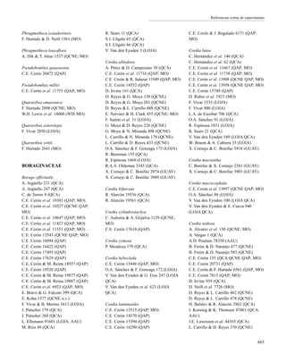 Referencias cortas de especímenes
Phragmotheca ecuadorensis
F. Hurtado & D. Neill 1561 (MO)
Phragmotheca leucoflora
A. Dik & T. Ahue 1537 (QCNE; MO)
Pseudobombax guayasense
C.E. Cerón 20472 (QAP)
Pseudobombax millei
C.E. Cerón et al. 11755 (QAP; MO)
Quararibea amazonica
F. Hurtado 2898 (QCNE; MO)
W.H. Lewis et al. 14000 (WIS MO)
Quararibea asterolepis
F. Vivar 2850 (LOJA)
Quararibea wittii
F. Hurtado 2641 (MO)
BORAGINACEAE
Borago officinalis
A. Argüello 231 (QCA)
A. Argüello 247 (QCA)
C. de Torres 8 (QCA)
C.E. Cerón et al. 10383 (QAP; MO)
C.E. Cerón et al. 10527 (QCNE QAP;
MO)
C.E. Cerón et al. 10647 (QAP; MO)
C.E. Cerón et al. 11427 (QAP; MO)
C.E. Cerón et al. 11551 (QAP; MO)
C.E. Cerón 13543 (QCNE QAP; MO)
C.E. Cerón 16094 (QAP)
C.E. Cerón 16422 (QAP)
C.E. Cerón 17495 (QAP)
C.E. Cerón 17629 (QAP)
C.E. Cerón & M. Reina 18937 (QAP)
C.E. Cerón 19520 (QAP)
C.E. Cerón & M. Reina 19877 (QAP)
C.E. Cerón & M. Reina 19887 (QAP)
C.E. Cerón et al. 6923 (QAP; MO)
E. Bravo & G. Falconí 399 (QCA)
E. Kohn 1377 (QCNE n.v.)
F. Vivar & B. Merino 3413 (LOJA)
J. Putscher 179 (QCA)
J. Putscher 260 (QCA)
L. Ellemann 91601 (LOJA; AAU)
M. Ríos 49 (QCA)
R. Sears 11 (QCA)
S.J. Lligalo 65 (QCA)
S.J. Lligalo 66 (QCA)
V. Van den Eynden 3 (LOJA)
Cordia alliodora
A. Pérez & D. Campuzano 30 (QCA)
C.E. Cerón et al. 11716 (QAP; MO)
C.E. Cerón & R. Salazar 11949 (QAP; MO)
C.E. Cerón 14552 (QAP)
D. Irvine 161 (QCA)
D. Reyes & G. Moya 139 (QCNE)
D. Reyes & G. Moya 261 (QCNE)
D. Reyes & L. Carrillo 488 (QCNE)
E. Narváez & H. Clark 455 (QCNE; MO)
F. Santin et al. 31 (LOJA)
G. Moya & D. Reyes 226 (QCNE)
G. Moya & N. Miranda 498 (QCNE)
L. Carrillo & N. Miranda 170 (QCNE)
L. Carrillo & D. Reyes 433 (QCNE)
O.A. Sánchez & F. Gonzaga 173 (LOJA)
R. Bensman 155 (QCA)
R. Espinosa 1668 (LOJA)
R.A.A. Oldeman 3345 (QCA)
X. Cornejo & C. Bonifaz 2874 (GUAY)
X. Cornejo & C. Bonifaz 3989 (GUAY)
Cordia bifurcata
R. Alarcón 19536 (QCA)
R. Alarcón 19561 (QCA)
Cordia cylindrostachya
C. Aulestia & A. Grijalva 1129 (QCNE;
MO)
C.E. Cerón 17618 (QAP)
Cordia cymosa
P. Mendoza 179 (QCA)
Cordia hebeclada
C.E. Cerón 13446 (QAP; MO)
O.A. Sánchez & F. Gonzaga 172 (LOJA)
V. Van den Eynden & G. Eras 247 (LOJA
QCA)
V. Van den Eynden et al. 623 (LOJA
QCA)
Cordia lantanoides
C.E. Cerón 13515 (QAP; MO)
C.E. Cerón 14570 (QAP)
C.E. Cerón 15394 (QAP)
C.E. Cerón 16290 (QAP)
C.E. Cerón & J. Regalado 6171 (QAP;
MO)
Cordia lutea
C. Hernández et al. 146 (QCA)
C. Hernández et al. 62 (QCA)
C.E. Cerón et al. 11667 (QAP; MO)
C.E. Cerón et al. 11738 (QAP; MO)
C.E. Cerón et al. 13908 (QCNE QAP; MO)
C.E. Cerón et al. 13958 (QCNE QAP; MO)
C.E. Cerón 15749 (QAP)
D. Rubio et al. 1923 (MO)
F. Vivar 1533 (LOJA)
F. Vivar 800 (LOJA)
L.A. de Escobar 706 (QCA)
O.A. Sánchez 91 (LOJA)
R. Espinosa 1831 (LOJA)
R. Sears 21 (QCA)
V. Van den Eynden 189 (LOJA QCA)
W. Braem & A. Cabrera 35 (LOJA)
X. Cornejo & C. Bonifaz 3918 (GUAY)
Cordia macrantha
C. Bonifaz & X. Cornejo 2381 (GUAY)
X. Cornejo & C. Bonifaz 3903 (GUAY)
Cordia macrocephala
C.E. Cerón et al. 13897 (QCNE QAP; MO)
O.A. Sánchez 88 (LOJA)
V. Van den Eynden 100 (LOJA QCA)
V. Van den Eynden & E. Cueva 940
(LOJA QCA)
Cordia nodosa
A. Álvarez et al. 150 (QCNE; MO)
A. Vargas 1 (QCA)
A.D. Poulsen 78350 (AAU)
B. Freire & D. Naranjo 477 (QCNE)
B. Freire & D. Naranjo 585 (QCNE)
C.E. Cerón 155 (QCA QCNE QAP; MO)
C.E. Cerón 20731 (QAP)
C.E. Cerón & F. Hurtado 6561 (QAP; MO)
C.E. Cerón 7815 (QAP; MO)
D. Irvine 939 (QCA)
D. Neill et al. 7726 (MO)
D. Reyes & L. Carrillo 462 (QCNE)
D. Reyes & L. Carrillo 478 (QCNE)
H. Balslev & R. Alarcón 2962 (QCA)
J. Korning & K. Thomsen 47463 (QCA;
AAU)
J.E. Lawesson et al. 44365 (QCA)
L. Carrillo & D. Reyes 370 (QCNE)
665
 