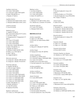 Referencias cortas de especímenes
Lepidium costaricense
C.E. Cerón 17645 (QAP)
C.E. Cerón & N. Gallo 19593 (QAP)
E. Kohn 1380 (QCNE n.v.)
J. Putscher 157 (QCA)
Lepidium thurberi
L. Ellemann 66732 (QCA LOJA; AAU)
L. Ellemann 66968 (QCA LOJA; AAU)
Lobularia maritima
F. Vivar 82 (LOJA)
Matthiola incana
A. Argüello 232 (QCA)
B.B. Larsen & B. Eriksen 45175 (AAU)
C. de Torres 3 (QCA)
C. Franquemont & E. Franquemont 117
(QCA)
C.E. Cerón 15178 (QAP)
C.E. Cerón 15803 (QAP)
C.E. Cerón 19530 (QAP)
E. Bravo & G. Falconí 408 (QCA)
E. Kohn 1378 (QCNE n.v.)
J. Putscher 287 (QCA)
N. Molliner 24 (QCA QCNE; MO)
P. Filskov et al. 37415 (QCA)
R. Sears 7 (QCA)
S.J. Lligalo 64 (QCA)
Morisonia americana
X. Cornejo & C. Bonifaz 1009 (GUAY)
X. Cornejo & C. Bonifaz 745 (GUAY)
Nasturtium officinale
A. Argüello 160 (QCA)
A. Avilés de López 9 (QCA)
C.E. Cerón 14639 (QAP)
C.E. Cerón 15815 (QAP)
C.E. Cerón 17632 (QAP)
C.E. Cerón & N. Gallo 19628 (QAP)
C.E. Cerón & M. Reina 19861 (QAP)
C.E. Cerón et al. 6930 (QAP; MO)
C.E. Cerón et al. 6950 (QAP; MO)
C.E. Cerón et al. 7072 (QAP; MO)
E. Kohn 1399 (QCNE n.v.)
J. Putscher 289 (QCA)
J.A. Hart 887 (LOJA)
R. Espinosa 59 (LOJA)
Raphanus raphanistrum
C.E. Cerón et al. 6924 (QAP; MO)
Raphanus sativus
C. de Torres 44 (QCA)
C.E. Cerón 14850 (QAP)
C.E. Cerón 14976 (QAP)
E. Kohn 1551 (QCNE n.v.)
Rorippa bonariensis
L. Ellemann 91732 (QCA LOJA; AAU)
O.A. Sánchez & A. Carretero 335 (LOJA)
Sisymbrium officinale
C.E. Cerón 15557 (QAP)
L. Ellemann 91603 (AAU)
BROMELIACEAE
Aechmea angustifolia
G. Tipaz et al. 1497 (MO)
L.P. Kvist & L.B. Holm-Nielsen 40043
(AAU)
Aechmea biflora
G. Moya & N. Miranda 457 (QCNE)
Aechmea hoppii
D. Naranjo & B. Freire 301 (QCNE)
Aechmea magdalenae
A.S. Barfod et al. 48386 (AAU)
C.E. Cerón & R. Salazar 11969 (QAP; MO)
C.E. Cerón 15151 (QAP)
H. Balslev & D. Irvine 4638 (AAU)
V. Van den Eynden & G. Eras 242 (QCA)
Aechmea penduliflora
A. Dik 1470 (QCNE; MO)
Aechmea strobilacea
W. Palacios 10505 (MO)
Ananas bracteatus
C.E. Cerón 20938 (QAP)
Ananas comosus
C.E. Cerón 13062 (QAP; MO)
C.E. Cerón et al. 6854 (QAP; MO)
H.T. Beck et al. 1807 (QCA)
J. Vargas 357 (QCA)
M. Ríos 449 (QCA)
V. Van den Eynden 220 (LOJA)
V. Van den Eynden & G. Eras 230 (LOJA
QCA)
V. Van den Eynden & E. Cueva 318
(LOJA)
V. Van den Eynden et al. 574 (LOJA)
V. Van den Eynden & E. Cueva 958 (LOJA)
W.T. Vickers 174 (QCA)
Ananas lucidus
E. Kohn 2533 (WIS)
Bromelia pinguin
C. Hernández et al. 144 (QCA LOJA)
X. Cornejo & C. Bonifaz 2264 (GUAY)
X. Cornejo & C. Bonifaz 721 (GUAY)
X. Cornejo & C. Bonifaz 980 (GUAY)
Bromelia plumieri
V. Van den Eynden & O. Cabrera 978
(LOJA)
Guzmania eduardii
G. Tipaz et al. 1230 (MO)
G. Tipaz et al. 1305 (MO)
Guzmania hitchcockiana
L.P. Kvist 40197 (AAU)
Guzmania lingulata var. flammea
A.S. Barfod et al. 48377 (QCA; AAU)
Guzmania monostachia
C.E. Cerón et al. 11714 (QAP; MO)
Guzmania multiflora
C.E. Cerón 1189 (QAP; MO)
C.E. Cerón 1783 (QAP; MO)
Guzmania remyi
C.H. Dodson 5942 (MO)
J. Manzanares 5394 (QCNE; MO)
L.P. Kvist & E. Asanza 40885 (QCA)
Guzmania rosea
G. Tipaz et al. 1417 (QCNE; MO)
Guzmania roseiflora
J. Manzanares & B. Castro 6424 (QCNE)
Guzmania scherzeriana
A.S. Barfod 41019 (AAU)
A.S. Barfod et al. 48395 (QCA QCNE; AAU)
667
 