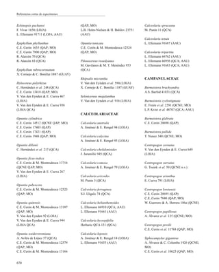 Echinopsis pachanoi
F. Vivar 1650 (LOJA)
L. Ellemann 91711 (LOJA; AAU)
Epiphyllum phyllanthus
C.E. Cerón 1635 (QAP; MO)
C.E. Cerón 7900 (QAP; MO)
R. Alarcón 70 (QCA)
R. Alarcón 83 (QCA)
Epiphyllum rubrocoronatum
X. Cornejo & C. Bonifaz 1887 (GUAY)
Hylocereus polyrhizus
C. Hernández et al. 248 (QCA)
C.E. Cerón 13418 (QAP; MO)
V. Van den Eynden & E. Cueva 467
(LOJA)
V. Van den Eynden & E. Cueva 938
(LOJA QCA)
Opuntia cylindrica
C.E. Cerón 14512 (QCNE QAP; MO)
C.E. Cerón 17403 (QAP)
C.E. Cerón 17421 (QAP)
C.E. Cerón 1948 (QAP; MO)
Opuntia dillenii
C. Hernández et al. 217 (QCA)
Opuntia ficus-indica
C.E. Cerón & M. Montesdeoca 13716
(QCNE QAP; MO)
V. Van den Eynden & E. Cueva 267
(LOJA)
Opuntia pubescens
C.E. Cerón & M. Montesdeoca 12523
(QAP; MO)
Opuntia quitensis
C.E. Cerón & M. Montesdeoca 13187
(QAP; MO)
V. Van den Eynden 92 (LOJA)
V. Van den Eynden & E. Cueva 944
(LOJA QCA)
Opuntia soederstromiana
A. Avilés de López 57 (QCA)
C.E. Cerón & M. Montesdeoca 12574
(QAP; MO)
C.E. Cerón & M. Montesdeoca 13166
(QAP; MO)
L.B. Holm-Nielsen & H. Balslev 23751
(AAU)
Opuntia tunicata
C.E. Cerón & M. Montesdeoca 12524
(QAP; MO)
Pilosocereus tweedyanus
M. Gavilanes & M. T. Menéndez 953
(QCA)
Rhipsalis micrantha
V. Van den Eynden et al. 590 (LOJA)
X. Cornejo & C. Bonifaz 1187 (GUAY)
Selenicereus megalanthus
V. Van den Eynden et al. 916 (LOJA)
CALCEOLARIACEAE
Calceolaria australis
A. Jiménez & E. Rengel 94 (LOJA)
Calceolaria calycina
A. Jiménez & E. Rengel 95 (LOJA)
Calceolaria chelidonioides
J. Jaramillo 945 (QCA)
Calceolaria comosa
A. Jiménez & E. Rengel 79 (LOJA)
Calceolaria ericoides
M. Punín 3 (QCA)
Calceolaria ferruginea
S.J. Lligalo 74 (QCA)
Calceolaria helianthemoides
L. Ellemann 66910 (QCA; AAU)
L. Ellemann 91661 (AAU)
Calceolaria hyssopifolia
Herbario QCA 131 (QCA)
Calceolaria lojensis
A. Jiménez & E. Rengel 14 (LOJA)
L. Ellemann 91653 (AAU)
Calceolaria spruceana
M. Punín 11 (QCA)
Calceolaria tenuis
L. Ellemann 91687 (AAU)
Calceolaria tripartita
L. Ellemann 66762 (AAU)
L. Ellemann 66956 (QCA; AAU)
L. Ellemann 91683 (QCA; AAU)
CAMPANULACEAE
Burmeistera brachyandra
A.S. Barfod 41031 (QCA)
Burmeistera cyclostigmata
E. Freire et al. 2291 (QCNE; MO)
L.P. Kvist et al. 48707 (QCA; AAU)
Burmeistera glabrata
C.E. Cerón 20698 (QAP)
Burmeistera pallida
T. Nunez 340 (QCNE; MO)
Centropogon cornutus
V. Van den Eynden & E. Cueva 649
(LOJA)
Centropogon curvatus
G. Tsuink et al. 50 (QCNE n.v.)
Centropogon erianthus
E. Cueva 791 (LOJA)
Centropogon loretensis
C.E. Cerón 20695 (QAP)
C.E. Cerón 7840 (QAP; MO)
W. Guerrero & A. Herrera 186a (QCNE)
Centropogon papillosus
A. Álvarez et al. 135 (QCNE; MO)
Centropogon preslii
C.E. Cerón et al. 11768 (QAP; MO)
Siphocampylus giganteus
A. Álvarez & C. Columba 1426 (QCNE;
MO)
C.E. Cerón et al. 10623 (QAP; MO)
670
Referencias cortas de especímenes
 