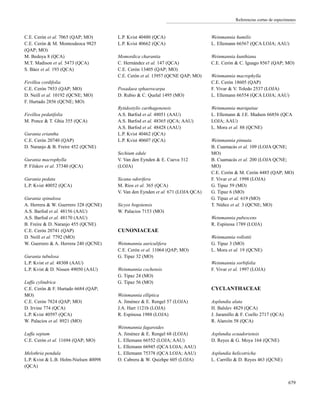 Referencias cortas de especímenes
C.E. Cerón et al. 7065 (QAP; MO)
C.E. Cerón & M. Montesdeoca 9825
(QAP; MO)
M. Bedoya 8 (QCA)
M.T. Madison et al. 5473 (QCA)
S. Báez et al. 193 (QCA)
Fevillea cordifolia
C.E. Cerón 7853 (QAP; MO)
D. Neill et al. 10192 (QCNE; MO)
F. Hurtado 2856 (QCNE; MO)
Fevillea pedatifolia
M. Ponce & T. Ghia 355 (QCA)
Gurania eriantha
C.E. Cerón 20740 (QAP)
D. Naranjo & B. Freire 452 (QCNE)
Gurania macrophylla
P. Filskov et al. 37340 (QCA)
Gurania pedata
L.P. Kvist 40052 (QCA)
Gurania spinulosa
A. Herrera & W. Guerrero 328 (QCNE)
A.S. Barfod et al. 48156 (AAU)
A.S. Barfod et al. 48170 (AAU)
B. Freire & D. Naranjo 455 (QCNE)
C.E. Cerón 20741 (QAP)
D. Neill et al. 7792 (MO)
W. Guerrero & A. Herrera 240 (QCNE)
Gurania tubulosa
L.P. Kvist et al. 48308 (AAU)
L.P. Kvist & D. Nissen 49050 (AAU)
Luffa cylindrica
C.E. Cerón & F. Hurtado 6684 (QAP;
MO)
C.E. Cerón 7824 (QAP; MO)
D. Irvine 774 (QCA)
L.P. Kvist 40597 (QCA)
W. Palacios et al. 8921 (MO)
Luffa sepium
C.E. Cerón et al. 11694 (QAP; MO)
Melothria pendula
L.P. Kvist & L.B. Holm-Nielsen 40098
(QCA)
L.P. Kvist 40480 (QCA)
L.P. Kvist 40662 (QCA)
Momordica charantia
C. Hernández et al. 147 (QCA)
C.E. Cerón 13405 (QAP; MO)
C.E. Cerón et al. 13957 (QCNE QAP; MO)
Posadaea sphaerocarpa
D. Rubio & C. Quelal 1495 (MO)
Rytidostylis carthagenensis
A.S. Barfod et al. 48051 (AAU)
A.S. Barfod et al. 48365 (QCA; AAU)
A.S. Barfod et al. 48428 (AAU)
L.P. Kvist 40462 (QCA)
L.P. Kvist 40607 (QCA)
Sechium edule
V. Van den Eynden & E. Cueva 312
(LOJA)
Sicana odorifera
M. Ríos et al. 365 (QCA)
V. Van den Eynden et al. 671 (LOJA QCA)
Sicyos bogotensis
W. Palacios 7153 (MO)
CUNONIACEAE
Weinmannia auriculifera
C.E. Cerón et al. 11064 (QAP; MO)
G. Tipaz 32 (MO)
Weinmannia cochensis
G. Tipaz 24 (MO)
G. Tipaz 56 (MO)
Weinmannia elliptica
A. Jiménez & E. Rengel 57 (LOJA)
J.A. Hart 1121b (LOJA)
R. Espinosa 1988 (LOJA)
Weinmannia fagaroides
A. Jiménez & E. Rengel 68 (LOJA)
L. Ellemann 66552 (LOJA; AAU)
L. Ellemann 66945 (QCA LOJA; AAU)
L. Ellemann 75378 (QCA LOJA; AAU)
O. Cabrera & W. Quizhpe 605 (LOJA)
Weinmannia humilis
L. Ellemann 66567 (QCA LOJA; AAU)
Weinmannia kunthiana
C.E. Cerón & C. Iguago 8567 (QAP; MO)
Weinmannia macrophylla
C.E. Cerón 18605 (QAP)
F. Vivar & V. Toledo 2537 (LOJA)
L. Ellemann 66554 (QCA LOJA; AAU)
Weinmannia mariquitae
L. Ellemann & J.E. Madsen 66856 (QCA
LOJA; AAU)
L. Mora et al. 88 (QCNE)
Weinmannia pinnata
B. Cuamacás et al. 109 (LOJA QCNE;
MO)
B. Cuamacás et al. 200 (LOJA QCNE;
MO)
C.E. Cerón & M. Cerón 4485 (QAP; MO)
F. Vivar et al. 1998 (LOJA)
G. Tipaz 59 (MO)
G. Tipaz 6 (MO)
G. Tipaz et al. 619 (MO)
T. Núñez et al. 3 (QCNE; MO)
Weinmannia pubescens
R. Espinosa 1789 (LOJA)
Weinmannia rollottii
G. Tipaz 3 (MO)
L. Mora et al. 19 (QCNE)
Weinmannia sorbifolia
F. Vivar et al. 1997 (LOJA)
CYCLANTHACEAE
Asplundia alata
H. Balslev 4829 (QCA)
J. Jaramillo & F. Coello 2717 (QCA)
R. Alarcón 58 (QCA)
Asplundia ecuadoriensis
D. Reyes & G. Moya 164 (QCNE)
Asplundia helicotricha
L. Carrillo & D. Reyes 463 (QCNE)
679
 