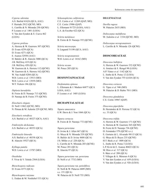Referencias cortas de especímenes
Cyperus odoratus
A.S. Barfod 41624 (QCA; AAU)
F. Hurtado 2912 (QCNE; MO)
L. Carrillo & N. Miranda 230 (QCNE)
P. Lozano et al. 1401 (LOJA)
V. Van den Eynden & E. Cueva 462
(LOJA)
Cyperus prolixus
A. Herrera & W. Guerrero 307 (QCNE)
D. Evans 4259 (QCA)
D. Evans 4271 (QCA)
E. Asanza 32930 (AAU)
H. Balslev & R. Alarcón 3000 (QCA)
J.B. McElroy 419 (QCA)
J.B. McElroy 420 (QCA)
W. Guerrero & A. Herrera 112 (QCNE)
W. Guerrero & A. Herrera 162 (QCNE)
W. Van Asdall 8204 (QCA)
W.H. Lewis et al. 13913 (MO)
W.H. Lewis et al. 13939 (MO)
W.T. Vickers 186 (QCA)
Diplasia karatifolia
B. Freire & D. Naranjo 713 (QCNE)
D. Naranjo & B. Freire 375 (QCNE)
Eleocharis elegans
D. Neill 11862 (QCNE; MO)
N. Pitman & M. Aulestia 229 (QCNE; MO)
Eleocharis retroflexa
A.S. Barfod et al. 48327 (QCA; AAU)
Fimbristylis dichotoma
A.S. Barfod et al. 48353 (QCA)
Fimbristylis littoralis
A.S. Barfod et al. 48358 (QCA)
R. Alarcón 19527 (QCA)
Kyllinga pumila
W.H. Lewis et al. 13787 (MO)
Oreobolus
F. Vivar & V. Toledo 2564 (LOJA)
Rhynchospora radicans
D. Evans 4373 (QCA)
Rhynchospora ruiziana
L. Endara & M. Nonhebel 533 (QCA)
Schoenoplectus californicus
C.E. Cerón et al. 11269 (QAP; MO)
C.E. Cerón 15906 (QAP)
L. Ellemann 91725 (LOJA; AAU)
L.A. de Escobar 622 (QCA)
Scleria melaleuca
B. Freire & D. Naranjo 555 (QCNE)
Scleria microcarpa
S. Lægaard 51198 (QCA; AAU)
Scleria neogranatensis
W.H. Lewis et al. 14162 (MO)
Scleria secans
M. Ponce 205 (QCA)
DESFONTAINIACEAE
Desfontainia spinosa
L. Ellemann & J. Madsen 66877 (QCA
LOJA; AAU)
P. Lozano et al. 1405 (LOJA)
DICHAPETALACEAE
Tapura amazonica
E.W. Davis & J. Yost 1044 (QCA)
Tapura coriacea
B. Freire & D. Naranjo 772 (QCNE)
Tapura peruviana
D. Irvine & J. Allen 667 (QCA)
G. Moya & N. Miranda 539 (QCNE)
H. Balslev & D. Irvine 4604 (QCA)
J.S. Miller et al. 220 (QCA)
L. Carrillo & N. Miranda 203 (QCNE)
M. Ponce 201 (QCA)
R. Alarcón 97 (QCA)
Tapura peruviana var. peruviana
D. Neill et al. 7732 (MO)
Tapura peruviana var. petioliflora
D. Neill & W. Palacios 6809 (MO)
s.c. 151 (QCA)
W. Palacios & D. Neill 755 (MO)
DILLENIACEAE
Davilla rugosa
W. Palacios 2635 (MO)
Doliocarpus multiflorus
M. Aulestia et al. 1334 (QCNE; MO)
Doliocarpus novogranatensis
L. Carrillo & N. Miranda 126 (QCNE)
DIOSCOREACEAE
Dioscorea bulbifera
A. Herrera & W. Guerrero 332 (QCNE)
A. Jiménez & E. Rengel 90 (LOJA)
A.P. Yánez et al. 1142 (QCA)
L. Jimbo & R. Poma 12 (LOJA)
V. Van den Eynden 755 (LOJA QCA)
Dioscorea coriacea
G. Tipaz et al. 946 (MO)
W. Palacios & D. Rubio 7011 (MO)
Dioscorea glandulosa
C.E. Cerón 18967 (QAP)
Dioscorea piperifolia
B. Hernández & H. Perrone 52 (QCA)
s.c. 33 (QCA)
Dioscorea trifida
A. Herrera & W. Guerrero 171 (QCNE)
A. Herrera & W. Guerrero 365 (QCNE)
B. Freire & D. Naranjo 736 (QCNE)
D. Fernández 579 (QCNE n.v.)
E. Gortaire & L. Alvarado 98115 (QCA)
G. Moya & D. Reyes 235 (QCNE)
H.T. Beck et al. 1809 (QCA)
L. Jimbo & R. Poma 3 (LOJA)
L.P. Kvist & E. Asanza 40422 (QCA)
M. Ríos et al. 317 (QCA)
S. Báez et al. 208 (QCA)
T. Villegas & A. Meneses 8 (QCA)
V. Van den Eynden et al. 659 (LOJA)
V. Van den Eynden et al. 926 (LOJA)
681
 