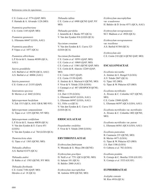 C.E. Cerón et al. 5774 (QAP; MO)
F. Hurtado & A. Alvarado 1128 (MO)
Psammisia graebneriana
C.E. Cerón 1185 (QAP; MO)
Psammisia guianensis
L. Ellemann 66647 (LOJA; AAU)
Psammisia pauciflora
P. Yépez et al. 1077 (QCA)
Psammisia ulbrichiana
L.P. Kvist & E. Asanza 40309 (QCA;
AAU)
Satyria grandifolia
A.S. Barfod et al. 48250 (QCA; AAU)
A.S. Barfod et al. 48806 (AAU)
Satyria panurensis
C.E. Cerón et al. 21355 (QAP)
Semiramisia speciosa
B. Merino et al. 4442 (LOJA)
Sphyrospermum buxifolium
V. Zak 1515 (QCA; AAU GB K MO NY)
Sphyrospermum campanulatum
G. Tipaz et al. 1255 (QCNE; NY MO)
Sphyrospermum cordifolium
L.P. Kvist & E. Asanza 40830 (QCA)
V. Van den Eynden & E. Cueva 451
(LOJA)
V. Van den Eynden et al. 764 (LOJA QCA)
Themistoclesia alata
G. Tipaz et al. 1365 (QCNE; MO)
Thibaudia albiflora
A.S. Barfod 41475 (QCA)
Thibaudia andrei
D. Rubio et al. 1583 (QCNE; NY MO)
Thibaudia floribunda
C.E. Cerón 7186 (QAP; MO)
Dávalos et al. 18 (QCA)
Thibaudia inflata
C.E. Cerón et al. 6900 (QCNE QAP; NY
MO)
Thibaudia parvifolia
J. Jaramillo & J. Boeke 597 (QCA)
V. Van den Eynden 816 (LOJA QCA)
Vaccinium crenatum
V. Van den Eynden & E. Cueva 323
(LOJA QCA)
Vaccinium floribundum
C.E. Cerón et al. 10591 (QAP; MO)
C.E. Cerón et al. 10869 (QAP; MO)
C.E. Cerón et al. 11061 (QCNE QAP; MO)
C.E. Cerón & R. Alarcón 12269 (QAP;
MO)
C.E. Cerón 15037 (QAP)
C.E. Cerón 15150 (QAP)
E. Jiménez & A. Mariscal 6 (QCNE; MO)
F. Vivar & V. Toledo 2524 (LOJA)
J. Caranqui et al. 487 (HESPOCH QCNE;
BWC)
J.A. Hart 1139 (LOJA)
L. Ellemann 66547 (LOJA; AAU)
L. Ellemann 66947 (LOJA; AAU)
S.L. Félix s.n (QCA)
V. Van den Eynden & E. Cueva 333
(LOJA QCA)
ERIOCAULACEAE
Paepalanthus ensifolius
F. Vivar & V. Toledo 2560 (LOJA)
ERYTHROXYLACEAE
Erythroxylum fimbriatum
N. Miranda & G. Moya 206 (QCNE)
Erythroxylum gracilipes
D. Neill et al. 7751 (QCA QCNE; MO)
G. Salazar 101 (QCA)
H. Balslev 2880 (AAU)
Erythroxylum macrophyllum
M. Aulestia 3050 (QCNE; MO)
Erythroxylum macrophyllum
var. ecuadorense
H. Balslev & D. Irvine 4571 (QCA; AAU)
Erythroxylum novogranatense
M.T. Madison et al. 4920 (QCA)
Erythroxylum novogranatense
var. truxillense
A.S. Barfod 41584 (QCA)
Erythroxylum ulei
C.E. Cerón 210 (QCA QCNE QAP; MO)
ESCALLONIACEAE
Escallonia micrantha
A. Jiménez & E. Rengel 9 (LOJA)
A.V. Toledo 2847 (QCA)
G. Tipaz 102 (MO)
G. Tipaz & W. Palacios 625 (MO)
Escallonia myrtilloides
A. Álvarez & C. Columba 1427 (QCNE;
MO)
C.E. Cerón 15048 (QAP)
L. Ellemann 66597 (QCA LOJA; AAU)
Escallonia myrtilloides var. myrtilloides
A. Álvarez & C. Columba 1402 (QCNE;
MO)
Escallonia myrtilloides var. patens
L. Ellemann 66561 (QCA LOJA; AAU)
Escallonia paniculata
B. Cuamacás 235 (QCNE; MO)
B. Merino 4473 (LOJA)
G. Tipaz & W. Palacios 623 (MO)
J.A. Hart 1106 (LOJA)
O. Cabrera et al. 702 (LOJA)
Escallonia pendula
X. Cornejo & C. Bonifaz 3330 (GUAY)
X. Cornejo et al. 3533 (GUAY)
EUPHORBIACEAE
Acalypha cuneata
M. Ríos 491b (QCA)
684
Referencias cortas de especímenes
 