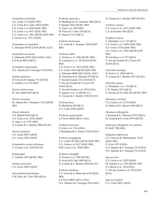 Referencias cortas de especímenes
Desmodium molliculum
C.E. Cerón 1175 (QAP; MO)
C.E. Cerón & N. Gallo 19624 (QAP)
C.E. Cerón et al. 6849 (QAP; MO)
C.E. Cerón et al. 6937 (QAP; MO)
C.E. Cerón et al. 7081 (QCNE QAP; MO)
P. Lozano et al. 1451 (LOJA)
Desmodium sericophyllum
L. Ellemann 66702 (LOJA QCNE; AAU)
Desmodium uncinatum
L. Ellemann 66952 (QCA LOJA; AAU)
L.P. Kvist 40614 (QCA)
Desmodium vargasianum
O.A. Sánchez & F. Gonzaga 174 (LOJA)
Dialium guianense
B. Freire & D. Naranjo 755 (QCNE)
E. Gudiño et al. 819 (MO)
Dioclea malacocarpa
W. Van Asdall 8269 (QCA)
Dioclea ucayalina
M. Aulestia & E. Nenquerei 1323 (QCNE;
MO)
Dussia lehmannii
A.S. Barfod 41656 (QCA)
C.E. Cerón et al. 16552 (QAP)
G. Tipaz et al. 1553 (MO)
X. Cornejo & C. Bonifaz 3806 (GUAY)
Dussia tessmannii
C.E. Cerón 20833 (QAP)
C.E. Cerón 21053 (QAP)
Ecuadendron acosta-solisianum
X. Cornejo et al. 3358 (GUAY)
Entada gigas
C. Aulestia 1507 (QCNE; MO)
Entada polystachya
C.E. Cerón 20287 (QAP)
Enterolobium barnebianum
E.W. Davis & J. Yost 1026 (QCA)
Erythrina amazonica
B. MacBryde & J.E. Simmons 1466 (QCA)
F. Hurtado 3024 (QCNE; MO)
G. Tipaz et al. 444 (MO)
M. Ponce & T. Ghia 350 (QCA)
R. Alarcón 19131 (QCA)
Erythrina berteroana
C.E. Cerón & L. Ocampo 11854 (QAP;
MO)
Erythrina edulis
A. Álvarez et al. 1280 (QCNE; MO)
B. Cuamacás et al. 126 (LOJA QCNE;
MO)
C.E. Cerón et al. 10514 (QAP; MO)
C.E. Cerón 14443 (QCNE QAP; MO)
L. Ellemann 66806 (QCA LOJA; AAU)
M. Gavilanes & G. Quezada 475 (QCA)
V. Van den Eynden 118 (LOJA QCA)
V. Van den Eynden & E. Cueva 302
(LOJA QCA)
V. Van den Eynden et al. 539 (LOJA)
X. Aguirre et al. 51 (QCNE n.v.)
X. Cornejo & C. Bonifaz 3249 (GUAY)
Erythrina fusca
B. MacBryde 420 (QCA)
C.E. Cerón 20356 (QAP)
Erythrina megistophylla
L.P. Kvist 40646 (QCA; AAU)
Erythrina peruviana
E. Little et al. 276 (LOJA)
J. Brandbyge & E. Asanza 32350 (AAU)
Erythrina poeppigiana
C.E. Cerón 145 (QCA QCNE QAP; MO)
C.E. Cerón et al. 4357 (QAP; MO)
W.H. Lewis et al. 13950 (MO)
Erythrina schimpffii
A. Álvarez et al. 1888 (QCNE)
D. Irvine & H. Jipa 1069 (QCA)
X. Cornejo & C. Bonifaz 4244 (GUAY)
Erythrina smithiana
C.E. Cerón & G. Benavides 6192 (QAP;
MO)
L.P. Kvist 40632 (QCA; AAU)
O.A. Sánchez & F. Gonzaga 198 (LOJA)
X. Cornejo & C. Bonifaz 3983 (GUAY)
Erythrina velutina
C.E. Cerón et al. 11673 (QAP; MO)
L.A. de Escobar 708 (QCA)
Geoffroea spinosa
C. Hernández et al. 143 (QCA)
C.E. Cerón et al. 11699 (QAP; MO)
C.E. Cerón 13336 (QAP; MO)
C.E. Cerón et al. 13943 (QCNE QAP;
MO)
M. Gavilanes et al. 977 (QCA)
V. Van den Eynden & E. Cueva 472
(LOJA QCA)
Gliricidia brenningii
D. Neill et al. 10526 (QCA)
X. Cornejo & C. Bonifaz 4147 (GUAY)
Gliricidia sepium
C. Hernández et al. 154 (QCA)
C.H. Dodson 5851 (QCA)
E. Narváez & H. Clark 420 (QCNE; MO)
Hymenaea courbaril
C.E. Cerón et al. 21174 (QAP)
H. Balslev & R. Alarcón 3010 (QCA)
Hymenaea oblongifolia
J. Korning & K. Thomsen 47673 (QCA)
M. Aulestia & O. Gonti 2079 (QCNE)
Hymenaea oblongifolia var. palustris
D. Neill 7700 (MO)
Indigofera suffruticosa
C.E. Cerón & M. Montesdeoca 12525
(QAP; MO)
F. Vivar 1567 (LOJA)
O.A. Sánchez & F. Gonzaga 156 (LOJA)
O.A. Sánchez & F. Gonzaga 274 (LOJA)
Inga acreana
C.E. Cerón et al. 21025 (QAP)
M. Aulestia et al. 1356 (QCNE; MO)
O. Cabrera et al. 124 (LOJA)
V. Van den Eynden et al. 670 (LOJA
QCA)
Inga acrocephala
C.E. Cerón 20921 (QAP)
691
 