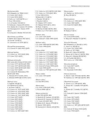 Referencias cortas de especímenes
Machaerium millei
B.B. Klitgaard et al. 99468 (AAU)
C.E. Cerón 16621 (QAP)
C.E. Cerón 20342 (QAP)
D. Neill et al. 11630 (QCNE n.v.)
F. Vivar 1596 (LOJA)
L.A. de Escobar 1410 (QCA)
O. Cabrera & J. Zamora 629 (LOJA)
O.A. Sánchez & A. Carretero 325 (LOJA)
T.D. Pennington & G. Tenorio 10705
(QCA)
X. Cornejo & C. Bonifaz 3925 (GUAY)
Macrolobium acaciifolium
H. Balslev & R. Alarcón 3042 (QCA)
J.B. Nowak 124 (QCA)
J.E. Lawesson et al. 43391 (QCA)
Macroptilium atropurpureum
C.E. Cerón & N. Gallo 19625 (QAP)
Medicago lupulina
C.E. Cerón et al. 10219 (QAP; MO)
C.E. Cerón 15221 (QAP)
Medicago polymorpha
B.B. Larsen & B. Eriksen 45164 (AAU)
C.E. Cerón 13575 (QCNE QAP; MO)
C.E. Cerón 13877 (QCNE QAP; MO)
C.E. Cerón 14038 (QCNE QAP; MO)
C.E. Cerón 15217 (QAP)
C.E. Cerón & M. Montesdeoca 9811
(QCNE QAP; MO)
L. Ellemann 66757 (LOJA; AAU)
L. Ellemann 66995 (QCA LOJA; AAU)
Medicago sativa
A. Argüello 188 (QCA)
A.S. Barfod 41522 (QCA)
C. de Torres 2 (QCA)
C.E. Cerón et al. 10197 (QAP; MO)
C.E. Cerón et al. 10234 (QAP; MO)
C.E. Cerón et al. 10932 (QAP; MO)
C.E. Cerón et al. 11421 (QAP; MO)
C.E. Cerón 14527 (QAP)
C.E. Cerón 14652 (QAP)
C.E. Cerón 14735 (QAP)
C.E. Cerón 15224 (QAP)
C.E. Cerón 15405 (QAP)
C.E. Cerón 16289 (QAP)
C.E. Cerón 17429 (QAP)
C.E. Cerón et al. 6845 (QAP; MO)
C.E. Cerón et al. 6913 (QCNE QAP; MO)
C.E. Cerón et al. 7074 (QAP; MO)
F. Vivar 3684 (LOJA)
Herbario QCA 112 (QCA)
J. Putscher 180 (QCA)
J. Putscher 4 (QCA)
J.E. Madsen 36787 (AAU)
J.E. Madsen 50355 (QCA; AAU)
M. Punín 14 (QCA)
N. Molliner 42 (QCA QCNE; MO)
P. Filskov et al. 37215 (QCA; AAU)
Melilotus albus
C.E. Cerón 15267 (QAP)
C.E. Cerón & N. Gallo 19645 (QAP)
Melilotus indica
C.E. Cerón 14028 (QCNE QAP; MO)
C.E. Cerón 15860 (QAP)
Mimosa albida
C.E. Cerón et al. 11157 (QAP; MO)
C.E. Cerón et al. 11270 (QAP; MO)
C.E. Cerón et al. 11318 (QAP; MO)
C.E. Cerón et al. 11324 (QAP; MO)
C.E. Cerón et al. 11356 (QAP; MO)
C.E. Cerón et al. 11417 (QAP; MO)
C.E. Cerón et al. 11483 (QAP; MO)
C.E. Cerón & M. Reina 18898 (QAP)
C.E. Cerón 18992 (QAP)
C.E. Cerón et al. 7025 (QCNE QAP; MO)
Mimosa andina
C.E. Cerón 15453 (QAP)
Mimosa caduca
J.A. Hart 940 (LOJA)
Mimosa pigra
C.E. Cerón 13398 (QAP; MO)
L.P. Kvist 40483 (QCA)
Mimosa polydactyla
A. Dik 1302 (QCNE; MO)
A. Herrera & W. Guerrero 182 (QCNE)
A. Herrera & W. Guerrero 253 (QCNE)
C.E. Cerón 149 (QAP; MO)
H. Balslev & R. Alarcón 2970 (QCA)
R. Alarcón 19381 (QCA)
W. Guerrero & A. Herrera 140 (QCNE)
Mimosa pudica
A.S. Barfod et al. 48324 (AAU)
M. Ríos 498 (QCA)
Mimosa quitensis
C.E. Cerón et al. 11082 (QAP; MO)
C.E. Cerón 14683 (QAP)
C.E. Cerón 2213 (QAP; MO)
Mucuna pruriens
M. Bedoya 9 (QCA)
Mucuna rostrata
C.E. Cerón 20784 (QAP)
G. Moya & N. Miranda 521 (QCNE)
Myroxylon balsamum
B.B. Klitgaard et al. 204 (QCA; AAU)
C. Josse et al. 840 (QCA)
C.E. Cerón 13417 (QAP; MO)
D. Neill et al. 7872 (MO)
D. Reyes & G. Moya 249 (QCNE)
E. Narváez & H. Clark 413 (QCNE; MO)
G. Moya & N. Miranda 496 (QCNE)
L.A. de Escobar 840 (QCA)
W.H. Lewis et al. 13942 (MO)
Myroxylon peruiferum
C.E. Cerón 20477 (QAP)
Flores 170 (QCA)
J.A. Steyermark 54100 (MO)
Ormosia amazonica
A. Dik & J. Andi 1074 (QCA QCNE; MO)
M. Aulestia et al. 1405 (QCA QCNE; MO)
Otholobium mexicanum
A. Álvarez et al. 1190 (QCNE; MO)
A. Álvarez & C. Columba 1429 (QCNE;
MO)
A. Álvarez & C. Columba 1431 (QCNE;
MO)
C.E. Cerón & R. Alarcón 12286 (QAP;
MO)
C.E. Cerón 14817 (QAP)
C.E. Cerón 15074 (QAP)
C.E. Cerón 15807 (QAP)
C.E. Cerón 17400 (QAP)
C.E. Cerón et al. 1807 (QCA QCNE QAP;
MO)
C.E. Cerón & M. Reina 19345 (QAP)
C.E. Cerón 19548 (QAP)
695
 