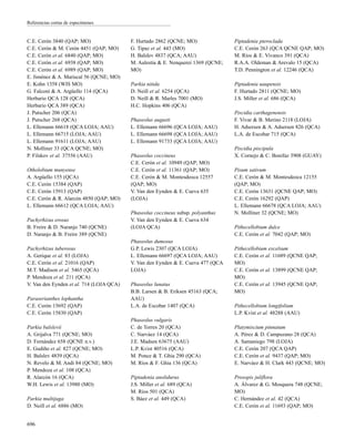 C.E. Cerón 3840 (QAP; MO)
C.E. Cerón & M. Cerón 4451 (QAP; MO)
C.E. Cerón et al. 6840 (QAP; MO)
C.E. Cerón et al. 6938 (QAP; MO)
C.E. Cerón et al. 6989 (QAP; MO)
E. Jiménez & A. Mariscal 56 (QCNE; MO)
E. Kohn 1358 (WIS MO)
G. Falconí & A. Argüello 114 (QCA)
Herbario QCA 128 (QCA)
Herbario QCA 389 (QCA)
J. Putscher 206 (QCA)
J. Putscher 268 (QCA)
L. Ellemann 66618 (QCA LOJA; AAU)
L. Ellemann 66715 (LOJA; AAU)
L. Ellemann 91611 (LOJA; AAU)
N. Molliner 33 (QCA QCNE; MO)
P. Filskov et al. 37556 (AAU)
Otholobium munyense
A. Argüello 155 (QCA)
C.E. Cerón 15384 (QAP)
C.E. Cerón 15913 (QAP)
C.E. Cerón & R. Alarcón 4850 (QAP; MO)
L. Ellemann 66612 (QCA LOJA; AAU)
Pachyrhizus erosus
B. Freire & D. Naranjo 740 (QCNE)
D. Naranjo & B. Freire 389 (QCNE)
Pachyrhizus tuberosus
A. Gerique et al. 83 (LOJA)
C.E. Cerón et al. 21016 (QAP)
M.T. Madison et al. 5465 (QCA)
P. Mendoza et al. 211 (QCA)
V. Van den Eynden et al. 714 (LOJA QCA)
Paraserianthes lophantha
C.E. Cerón 15692 (QAP)
C.E. Cerón 15830 (QAP)
Parkia balslevii
A. Grijalva 771 (QCNE; MO)
D. Fernández 658 (QCNE n.v.)
E. Gudiño et al. 827 (QCNE; MO)
H. Balslev 4839 (QCA)
N. Revelo & M. Andi 84 (QCNE; MO)
P. Mendoza et al. 108 (QCA)
R. Alarcón 16 (QCA)
W.H. Lewis et al. 13980 (MO)
Parkia multijuga
D. Neill et al. 6886 (MO)
F. Hurtado 2862 (QCNE; MO)
G. Tipaz et al. 443 (MO)
H. Balslev 4837 (QCA; AAU)
M. Aulestia & E. Nenquerei 1369 (QCNE;
MO)
Parkia nitida
D. Neill et al. 6254 (QCA)
D. Neill & R. Marles 7001 (MO)
H.C. Hopkins 406 (QCA)
Phaseolus augusti
L. Ellemann 66696 (QCA LOJA; AAU)
L. Ellemann 66698 (QCA LOJA; AAU)
L. Ellemann 91733 (QCA LOJA; AAU)
Phaseolus coccineus
C.E. Cerón et al. 10949 (QAP; MO)
C.E. Cerón et al. 11361 (QAP; MO)
C.E. Cerón & M. Montesdeoca 12557
(QAP; MO)
V. Van den Eynden & E. Cueva 635
(LOJA)
Phaseolus coccineus subsp. polyanthus
V. Van den Eynden & E. Cueva 634
(LOJA QCA)
Phaseolus dumosus
G.P. Lewis 2307 (QCA LOJA)
L. Ellemann 66697 (QCA LOJA; AAU)
V. Van den Eynden & E. Cueva 477 (QCA
LOJA)
Phaseolus lunatus
B.B. Larsen & B. Eriksen 45163 (QCA;
AAU)
L.A. de Escobar 1407 (QCA)
Phaseolus vulgaris
C. de Torres 20 (QCA)
C. Narváez 14 (QCA)
J.E. Madsen 63675 (AAU)
L.P. Kvist 40516 (QCA)
M. Ponce & T. Ghia 290 (QCA)
M. Ríos & F. Ghia 136 (QCA)
Piptadenia anolidurus
J.S. Miller et al. 689 (QCA)
M. Ríos 501 (QCA)
S. Báez et al. 449 (QCA)
Piptadenia pteroclada
C.E. Cerón 263 (QCA QCNE QAP; MO)
M. Ríos & E. Vivanco 391 (QCA)
R.A.A. Oldeman & Arevalo 15 (QCA)
T.D. Pennington et al. 12246 (QCA)
Piptadenia uaupensis
F. Hurtado 2811 (QCNE; MO)
J.S. Miller et al. 686 (QCA)
Piscidia carthagenensis
F. Vivar & B. Merino 2118 (LOJA)
H. Adsersen & A. Adsersen 826 (QCA)
L.A. de Escobar 715 (QCA)
Piscidia piscipula
X. Cornejo & C. Bonifaz 3908 (GUAY)
Pisum sativum
C.E. Cerón & M. Montesdeoca 12155
(QAP; MO)
C.E. Cerón 13631 (QCNE QAP; MO)
C.E. Cerón 16292 (QAP)
L. Ellemann 66678 (QCA LOJA; AAU)
N. Molliner 32 (QCNE; MO)
Pithecellobium dulce
C.E. Cerón et al. 7042 (QAP; MO)
Pithecellobium excelsum
C.E. Cerón et al. 11689 (QCNE QAP;
MO)
C.E. Cerón et al. 13899 (QCNE QAP;
MO)
C.E. Cerón et al. 13945 (QCNE QAP;
MO)
Pithecellobium longifolium
L.P. Kvist et al. 48288 (AAU)
Platymiscium pinnatum
A. Pérez & D. Campuzano 28 (QCA)
A. Samaniego 798 (LOJA)
C.E. Cerón 207 (QCA QAP)
C.E. Cerón et al. 9437 (QAP; MO)
E. Narváez & H. Clark 443 (QCNE; MO)
Prosopis juliflora
A. Álvarez & G. Mosquera 748 (QCNE;
MO)
C. Hernández et al. 42 (QCA)
C.E. Cerón et al. 11693 (QAP; MO)
696
Referencias cortas de especímenes
 