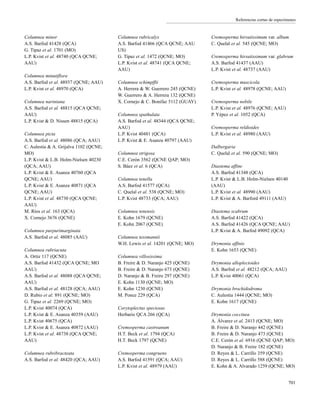 Referencias cortas de especímenes
Columnea minor
A.S. Barfod 41428 (QCA)
G. Tipaz et al. 1701 (MO)
L.P. Kvist et al. 48740 (QCA QCNE;
AAU)
Columnea minutiflora
A.S. Barfod et al. 48937 (QCNE; AAU)
L.P. Kvist et al. 48970 (QCA)
Columnea nariniana
A.S. Barfod et al. 48815 (QCA QCNE;
AAU)
L.P. Kvist & D. Nissen 48815 (QCA)
Columnea picta
A.S. Barfod et al. 48086 (QCA; AAU)
C. Aulestia & A. Grijalva 1102 (QCNE;
MO)
L.P. Kvist & L.B. Holm-Nielsen 40230
(QCA; AAU)
L.P. Kvist & E. Asanza 40760 (QCA
QCNE; AAU)
L.P. Kvist & E. Asanza 40871 (QCA
QCNE; AAU)
L.P. Kvist et al. 48730 (QCA QCNE;
AAU)
M. Ríos et al. 163 (QCA)
X. Cornejo 3676 (QCNE)
Columnea purpurimarginata
A.S. Barfod et al. 48085 (AAU)
Columnea rubriacuta
A. Ortiz 117 (QCNE)
A.S. Barfod 41432 (QCA QCNE; MO
AAU)
A.S. Barfod et al. 48088 (QCA QCNE;
AAU)
A.S. Barfod et al. 48128 (QCA; AAU)
D. Rubio et al. 891 (QCNE; MO)
G. Tipaz et al. 2269 (QCNE; MO)
L.P. Kvist 40074 (QCA)
L.P. Kvist & E. Asanza 40359 (AAU)
L.P. Kvist 40675 (QCA)
L.P. Kvist & E. Asanza 40872 (AAU)
L.P. Kvist et al. 48738 (QCA QCNE;
AAU)
Columnea rubribracteata
A.S. Barfod et al. 48420 (QCA; AAU)
Columnea rubricalyx
A.S. Barfod 41466 (QCA QCNE; AAU
US)
G. Tipaz et al. 1472 (QCNE; MO)
L.P. Kvist et al. 48741 (QCA QCNE;
AAU)
Columnea schimpffii
A. Herrera & W. Guerrero 245 (QCNE)
W. Guerrero & A. Herrera 132 (QCNE)
X. Cornejo & C. Bonifaz 5112 (GUAY)
Columnea spathulata
A.S. Barfod et al. 48344 (QCA QCNE;
AAU)
L.P. Kvist 40481 (QCA)
L.P. Kvist & E. Asanza 40797 (AAU)
Columnea strigosa
C.E. Cerón 3562 (QCNE QAP; MO)
S. Báez et al. 6 (QCA)
Columnea tenella
A.S. Barfod 41577 (QCA)
C. Quelal et al. 538 (QCNE; MO)
L.P. Kvist 48733 (QCA; AAU)
Columnea tenensis
E. Kohn 1679 (QCNE)
E. Kohn 2067 (QCNE)
Columnea tessmannii
W.H. Lewis et al. 14201 (QCNE; MO)
Columnea villosissima
B. Freire & D. Naranjo 425 (QCNE)
B. Freire & D. Naranjo 673 (QCNE)
D. Naranjo & B. Freire 297 (QCNE)
E. Kohn 1130 (QCNE; MO)
E. Kohn 1230 (QCNE)
M. Ponce 229 (QCA)
Corytoplectus speciosus
Herbario QCA 266 (QCA)
Cremosperma castroanum
H.T. Beck et al. 1794 (QCA)
H.T. Beck 1797 (QCNE)
Cremosperma congruens
A.S. Barfod 41591 (QCA; AAU)
L.P. Kvist et al. 48979 (AAU)
Cremosperma hirsutissimum var. album
C. Quelal et al. 545 (QCNE; MO)
Cremosperma hirsutissimum var. glabrum
A.S. Barfod 41437 (AAU)
L.P. Kvist et al. 48737 (AAU)
Cremosperma muscicola
L.P. Kvist et al. 48978 (QCNE; AAU)
Cremosperma nobile
L.P. Kvist et al. 48976 (QCNE; AAU)
P. Yépez et al. 1052 (QCA)
Cremosperma reldioides
L.P. Kvist et al. 48980 (AAU)
Dalbergaria
C. Quelal et al. 590 (QCNE; MO)
Diastema affine
A.S. Barfod 41348 (QCA)
L.P. Kvist & L.B. Holm-Nielsen 40140
(AAU)
L.P. Kvist et al. 48990 (AAU)
L.P. Kvist & A. Barford 49111 (AAU)
Diastema scabrum
A.S. Barfod 41422 (QCA)
A.S. Barfod 41426 (QCA QCNE; AAU)
L.P. Kvist & A. Barfod 49092 (QCA)
Drymonia affinis
E. Kohn 1653 (QCNE)
Drymonia alloplectoides
A.S. Barfod et al. 48212 (QCA; AAU)
L.P. Kvist 40061 (QCA)
Drymonia brochidodroma
C. Aulestia 1444 (QCNE; MO)
E. Kohn 1617 (QCNE)
Drymonia coccinea
A. Álvarez et al. 2413 (QCNE; MO)
B. Freire & D. Naranjo 442 (QCNE)
B. Freire & D. Naranjo 473 (QCNE)
C.E. Cerón et al. 6916 (QCNE QAP; MO)
D. Naranjo & B. Freire 182 (QCNE)
D. Reyes & L. Carrillo 359 (QCNE)
D. Reyes & L. Carrillo 588 (QCNE)
E. Kohn & A. Alvarado 1259 (QCNE; MO)
701
 