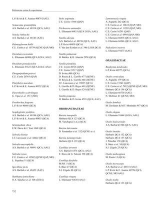 L.P. Kvist & E. Asanza 40879 (AAU)
Nemaconia graminifolia
A.S. Barfod et al. 48318 (QCA; AAU)
Notylia rimbachii
A.S. Barfod et al. 48143 (AAU)
Odontoglossum hallii
C.E. Cerón et al. 10739 (QCNE QAP; MO)
Oncidium excavatum
L. Ellemann 66908 (QCA LOJA; AAU)
Oncidium pentadactylon
L. Ellemann 91621 (QCA LOJA; AAU)
Phragmipedium pearcei
C.E. Cerón 20765 (QAP)
Platythelys maculata
L.P. Kvist & E. Asanza 40352 (QCA)
Pleurothallis scabrilinguis
G. Tipaz et al. 1513 (MO)
Prosthechea fragrans
L.P. Kvist 40668 (QCA)
Scaphyglottis prolifera
A.S. Barfod et al. 48196 (QCA; AAU)
L.P. Kvist & E. Asanza 40855 (QCA)
Selenipedium chica
E.W. Davis & J. Yost 1048 (QCA)
Sobralia bletiae
J.E. Lawesson et al. 44422 (QCA)
Sobralia macrophylla
A.S. Barfod et al. 48091 (QCA; AAU)
Sobralia rosea
C.E. Cerón et al. 10502 (QCNE QAP; MO)
L. Siquihua 31 (QCA)
Specklinia picta
A.S. Barfod et al. 48432 (AAU)
Stanhopea jenischiana
O.A. Sánchez et al. 308 (LOJA)
Stelis argentata
C.E. Cerón 17566 (QAP)
Trichoceros antennifer
L. Ellemann 66833 (QCA LOJA; AAU)
Vanilla odorata
A.S. Barfod et al. 48236 (QCA; AAU)
L.P. Kvist 40430 (QCA)
V. Van den Eynden et al. 546 (LOJA QCA)
Vanilla palmarum
H. Balslev & R. Alarcón 2958 (QCA)
Vanilla planifolia
C.E. Cerón 20726 (QAP)
C.E. Cerón 21517 (QAP)
D. Irvine 400 (QCA)
D. Reyes & L. Carrillo 477 (QCNE)
D. Reyes & L. Carrillo 666 (QCNE)
J.E. Lawesson et al. 39827 (QCA)
L. Carrillo & D. Reyes 401 (QCNE)
L. Carrillo & D. Reyes 524 (QCNE)
Vanilla pompona
H. Balslev & D. Irvine 4591 (QCA; AAU)
OROBANCHACEAE
Bartsia inaequalis
Herbario QCA 123 (QCA)
M. Yanchapaxi s.n.a (QCA)
Bartsia laticrenata
D. Fernández et al. 332 (QCNE n.v.)
Bartsia melampyroides
Herbario QCA 122 (QCA)
Castilleja arvensis
A.S. Barfod 41374 (QCA; AAU)
E. Bravo & G. Falconí 396 (QCA)
Castilleja fissifolia
M.P.H. 5 (QCA)
S. Báez 47 (QCA)
S.J. Lligalo 80 (QCA)
Castilleja virgata
L. Ellemann 91638 (AAU)
Lamourouxia virgata
A. Argüello 262 (QCA)
C.E. Cerón et al. 10618 (QAP; MO)
C.E. Cerón et al. 11203 (QAP; MO)
C.E. Cerón 16291 (QAP)
C.E. Cerón et al. 6994 (QAP; MO)
L. Ellemann 66818 (QCA; AAU)
L. Ellemann 66946 (QCA; AAU)
Pedicularis incurva
L. Ellemann 91673 (AAU)
OXALIDACEAE
Biophytum dendroides
L.P. Kvist 40577 (QCA)
Oxalis corniculata
A. Argüello 179 (QCA)
C.E. Cerón 15242 (QAP)
C.E. Cerón et al. 7032 (QCNE QAP; MO)
Herbario QCA 136 (QCA)
L. Ellemann 66730 (AAU)
N. Molliner 41 (QCNE; MO)
Oxalis dombeyi
M. Gavilanes & M.T. Menéndez 957 (QCA)
Oxalis elegans
L. Ellemann 91644 (LOJA; AAU)
Oxalis hedysaroides
A.S. Barfod 41580 (QCA; AAU)
Oxalis lotoides
Herbario QCA 132 (QCA)
Herbario QCA 137 (QCA)
J. Putscher 150 (QCA)
S. Báez et al. 34 (QCA)
S.J. Lligalo 23 (QCA)
Oxalis medicaginea
M. Punín 13 (QCA)
Oxalis microcarpa
A.S. Barfod et al. 48333 (AAU)
L.P. Kvist & E. Asanza 40726 (QCA
QCNE; MO AAU)
Oxalis mollis
Herbario QCA 133 (QCA)
732
Referencias cortas de especímenes
 