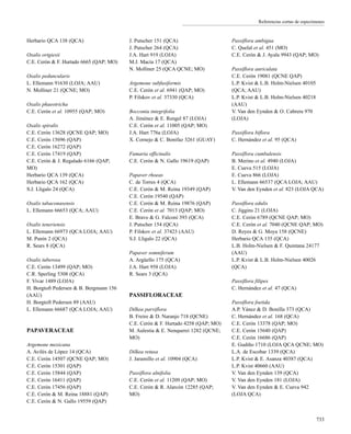 Referencias cortas de especímenes
Herbario QCA 138 (QCA)
Oxalis ortgiesii
C.E. Cerón & F. Hurtado 6665 (QAP; MO)
Oxalis peduncularis
L. Ellemann 91630 (LOJA; AAU)
N. Molliner 21 (QCNE; MO)
Oxalis phaeotricha
C.E. Cerón et al. 10955 (QAP; MO)
Oxalis spiralis
C.E. Cerón 13628 (QCNE QAP; MO)
C.E. Cerón 15696 (QAP)
C.E. Cerón 16272 (QAP)
C.E. Cerón 17419 (QAP)
C.E. Cerón & J. Regalado 6166 (QAP;
MO)
Herbario QCA 139 (QCA)
Herbario QCA 162 (QCA)
S.J. Lligalo 24 (QCA)
Oxalis tabaconasensis
L. Ellemann 66653 (QCA; AAU)
Oxalis teneriensis
L. Ellemann 66973 (QCA LOJA; AAU)
M. Punín 2 (QCA)
R. Sears 8 (QCA)
Oxalis tuberosa
C.E. Cerón 13499 (QAP; MO)
C.R. Sperling 5308 (QCA)
F. Vivar 1489 (LOJA)
H. Borgtoft Pedersen & B. Bergmann 156
(AAU)
H. Borgtoft Pedersen 89 (AAU)
L. Ellemann 66687 (QCA LOJA; AAU)
PAPAVERACEAE
Argemone mexicana
A. Avilés de López 14 (QCA)
C.E. Cerón 14507 (QCNE QAP; MO)
C.E. Cerón 15301 (QAP)
C.E. Cerón 15844 (QAP)
C.E. Cerón 16411 (QAP)
C.E. Cerón 17456 (QAP)
C.E. Cerón & M. Reina 18881 (QAP)
C.E. Cerón & N. Gallo 19559 (QAP)
J. Putscher 151 (QCA)
J. Putscher 264 (QCA)
J.A. Hart 919 (LOJA)
M.J. Macía 17 (QCA)
N. Molliner 25 (QCA QCNE; MO)
Argemone subfusiformis
C.E. Cerón et al. 6941 (QAP; MO)
P. Filskov et al. 37330 (QCA)
Bocconia integrifolia
A. Jiménez & E. Rengel 87 (LOJA)
C.E. Cerón et al. 11005 (QAP; MO)
J.A. Hart 776a (LOJA)
X. Cornejo & C. Bonifaz 3261 (GUAY)
Fumaria officinalis
C.E. Cerón & N. Gallo 19619 (QAP)
Papaver rhoeas
C. de Torres 4 (QCA)
C.E. Cerón & M. Reina 19349 (QAP)
C.E. Cerón 19540 (QAP)
C.E. Cerón & M. Reina 19876 (QAP)
C.E. Cerón et al. 7013 (QAP; MO)
E. Bravo & G. Falconí 393 (QCA)
J. Putscher 154 (QCA)
P. Filskov et al. 37423 (AAU)
S.J. Lligalo 22 (QCA)
Papaver somniferum
A. Argüello 175 (QCA)
J.A. Hart 958 (LOJA)
R. Sears 3 (QCA)
PASSIFLORACEAE
Dilkea parviflora
B. Freire & D. Naranjo 718 (QCNE)
C.E. Cerón & F. Hurtado 4258 (QAP; MO)
M. Aulestia & E. Nenquerei 1282 (QCNE;
MO)
Dilkea retusa
J. Jaramillo et al. 10904 (QCA)
Passiflora alnifolia
C.E. Cerón et al. 11209 (QAP; MO)
C.E. Cerón & R. Alarcón 12285 (QAP;
MO)
Passiflora ambigua
C. Quelal et al. 451 (MO)
C.E. Cerón & J. Ayala 9943 (QAP; MO)
Passiflora auriculata
C.E. Cerón 19081 (QCNE QAP)
L.P. Kvist & L.B. Holm-Nielsen 40105
(QCA; AAU)
L.P. Kvist & L.B. Holm-Nielsen 40218
(AAU)
V. Van den Eynden & O. Cabrera 970
(LOJA)
Passiflora biflora
C. Hernández et al. 95 (QCA)
Passiflora cumbalensis
B. Merino et al. 4940 (LOJA)
E. Cueva 515 (LOJA)
E. Cueva 866 (LOJA)
L. Ellemann 66537 (QCA LOJA; AAU)
V. Van den Eynden et al. 823 (LOJA QCA)
Passiflora edulis
C. Jiggins 21 (LOJA)
C.E. Cerón 6789 (QCNE QAP; MO)
C.E. Cerón et al. 7040 (QCNE QAP; MO)
D. Reyes & G. Moya 158 (QCNE)
Herbario QCA 135 (QCA)
L.B. Holm-Nielsen & F. Quintana 24177
(AAU)
L.P. Kvist & L.B. Holm-Nielsen 40026
(QCA)
Passiflora filipes
C. Hernández et al. 47 (QCA)
Passiflora foetida
A.P. Yánez & D. Bonilla 373 (QCA)
C. Hernández et al. 168 (QCA)
C.E. Cerón 13378 (QAP; MO)
C.E. Cerón 15640 (QAP)
C.E. Cerón 16686 (QAP)
E. Gudiño 1710 (LOJA QCA QCNE; MO)
L.A. de Escobar 1339 (QCA)
L.P. Kvist & E. Asanza 40387 (QCA)
L.P. Kvist 40660 (AAU)
V. Van den Eynden 139 (QCA)
V. Van den Eynden 181 (LOJA)
V. Van den Eynden & E. Cueva 942
(LOJA QCA)
733
 