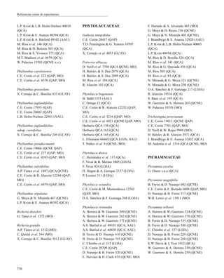 L.P. Kvist & L.B. Holm-Nielsen 40010
(QCA)
L.P. Kvist & E. Asanza 40394 (QCA)
L.P. Kvist & A. Barford 49102 (AAU)
M. Ríos et al. 146 (QCA)
M. Ríos & D. Bolotin 303 (QCA)
M. Ríos & E. Vivanco 375 (QCA)
M.T. Madison et al. 4679 (QCA)
W. Palacios 15503 (QCNE n.v.)
Phyllanthus caroliniensis
C.E. Cerón et al. 222 (QAP; MO)
C.E. Cerón et al. 4378 (QAP; MO)
Phyllanthus graveolens
X. Cornejo & C. Bonifaz 833 (GUAY)
Phyllanthus juglandifolius
C.E. Cerón 17953 (QAP)
C.E. Cerón 20682 (QAP)
L.B. Holm-Nielsen 22881 (AAU)
Phyllanthus juglandifolius
subsp. cornifolius
X. Cornejo & C. Bonifaz 249 (GUAY)
Phyllanthus pseudoconamii
C.E. Cerón 19066 (QCNE QAP)
C.E. Cerón et al. 237 (QAP; MO)
C.E. Cerón et al. 4393 (QAP; MO)
Phyllanthus salviifolius
A.P. Yánez et al. 1487 (QCA QCNE)
C.E. Cerón & R. Alarcón 12244 (QAP;
MO)
C.E. Cerón et al. 6879 (QAP; MO)
Phyllanthus stipulatus
G. Moya & N. Miranda 467 (QCNE)
L.P. Kvist & E. Asanza 40392 (QCA)
Richeria dressleri
G. Tipaz et al. 1372 (MO)
Richeria grandis
A.P. Yánez et al. 1512 (MO)
C. Quelal et al. 544 (MO)
X. Cornejo & C. Bonifaz 3812 (GUAY)
PHYTOLACCACEAE
Gallesia integrifolia
C.E. Cerón 20417 (QAP)
T.D. Pennington & G. Tenorio 10707
(QCA)
X. Cornejo et al. 4053 (GUAY)
Petiveria alliacea
D. Neill et al. 7708 (QCA QCNE; MO)
H. Balslev & S. Dea 2876 (QCA)
H. Balslev & S. Dea 2899 (QCA)
M. Ríos et al. 350 (QCA)
R. Alarcón 103 (QCA)
Phytolacca bogotensis
B. Ståhl 1553 (AAU)
C. Ortega 12 (QCA)
C.E. Cerón & R. Alarcón 12232 (QAP;
MO)
C.E. Cerón et al. 5216 (QAP; MO)
C.E. Cerón et al. 6921 (QCNE QAP; MO)
Herbario QCA 158 (QCA)
Herbario QCA 163 (QCA)
Herbario QCA 165 (QCA)
L. Ellemann 66669 (QCA LOJA; AAU)
T. Núñez et al. 9 (QCNE; MO)
Phytolacca dioica
C. Hernández et al. 117 (QCA)
F. Vivar & B. Merino 3805 (LOJA)
F. Vivar 824 (LOJA)
H. Jürgen & A. Gerique 2157 (LOJA)
P. Lozano 311 (LOJA)
Phytolacca octandra
C.E. Cerón & M. Montesdeoca 12543
(QAP; MO)
O.A. Sánchez & F. Gonzaga 248 (LOJA)
Phytolacca rivinoides
A. Herrera & W. Guerrero 209 (QCNE)
A. Herrera & W. Guerrero 282 (QCNE)
A. Herrera & W. Guerrero 372 (QCNE)
A.S. Barfod et al. 48101 (QCA; AAU)
A.S. Barfod et al. 48830 (QCA; AAU)
B. Freire & D. Naranjo 610 (QCNE)
B. Freire & D. Naranjo 745 (QCNE)
C. Chimbo et al. 115 (LOJA)
C.E. Cerón 20709 (QAP)
D. Naranjo & B. Freire 320 (QCNE)
E. Narváez & H. Clark 435 (QCNE; MO)
F. Hurtado & A. Alvarado 465 (MO)
G. Moya & D. Reyes 238 (QCNE)
G. Moya & N. Miranda 403 (QCNE)
J. Brandbyge & E. Asanza 32920 (AAU)
L.P. Kvist & L.B. Holm-Nielsen 40003
(QCA)
L.P. Kvist 40454 (QCA)
M. Ríos & D. Bonilla 320 (QCA)
M. Ríos et al. 341 (QCA)
M. Ríos & G. Quezada 456 (QCA)
M. Ríos 505 (QCA)
M. Ríos et al. 83 (QCA)
N. Miranda & G. Moya 121 (QCNE)
N. Miranda & G. Moya 250 (QCNE)
O.A. Sánchez & F. Gonzaga 217 (LOJA)
R. Alarcón 19516 (QCA)
S. Báez et al. 195 (QCA)
W. Guerrero & A. Herrera 263 (QCNE)
W. Palacios 10358 (MO)
Trichostigma peruvianum
C.E. Cerón 19013 (QCNE QAP)
C.E. Cerón 7701 (QAP; MO)
D. Neill & W. Rojas 9988 (MO)
H. Balslev & R. Alarcón 2971 (QCA)
J. Brandbyge & E. Asanza 32432 (QCA)
M. Aulestia et al. 1316 (QCA QCNE; MO)
PICRAMNIACEAE
Picramnia excelsa
G. Onore s.n.a (QCA)
Picramnia magnifolia
B. Freire & D. Naranjo 602 (QCNE)
C.E. Cerón & F. Hurtado 6608 (QAP; MO)
D. Naranjo & B. Freire 317 (QCNE)
W.H. Lewis et al. 13911 (MO)
Picramnia sellowii
A. Herrera & W. Guerrero 324 (QCNE)
A. Herrera & W. Guerrero 370 (QCNE)
B. Freire & D. Naranjo 535 (QCNE)
B. Freire & D. Naranjo 580 (QCNE)
C. Chimbo et al. 157 (LOJA)
D. Naranjo & B. Freire 220 (QCNE)
D. Naranjo & B. Freire 268 (QCNE)
E.W. Davis & J. Yost 1012 (QCA)
W. Guerrero & A. Herrera 230 (QCNE)
W. Guerrero & A. Herrera 259 (QCNE)
736
Referencias cortas de especímenes
 
