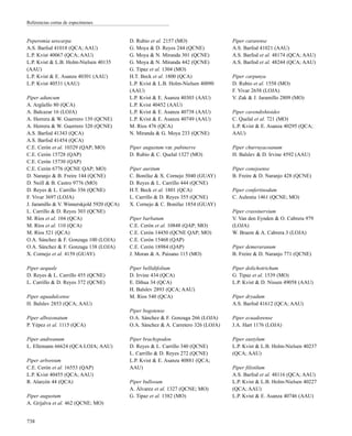 Peperomia urocarpa
A.S. Barfod 41018 (QCA; AAU)
L.P. Kvist 40067 (QCA; AAU)
L.P. Kvist & L.B. Holm-Nielsen 40135
(AAU)
L.P. Kvist & E. Asanza 40301 (AAU)
L.P. Kvist 40531 (AAU)
Piper aduncum
A. Argüello 80 (QCA)
A. Balcazar 16 (LOJA)
A. Herrera & W. Guerrero 139 (QCNE)
A. Herrera & W. Guerrero 320 (QCNE)
A.S. Barfod 41343 (QCA)
A.S. Barfod 41454 (QCA)
C.E. Cerón et al. 10329 (QAP; MO)
C.E. Cerón 15728 (QAP)
C.E. Cerón 15730 (QAP)
C.E. Cerón 6776 (QCNE QAP; MO)
D. Naranjo & B. Freire 144 (QCNE)
D. Neill & B. Castro 9776 (MO)
D. Reyes & L. Carrillo 356 (QCNE)
F. Vivar 3697 (LOJA)
J. Jaramillo & V. Winnerskjold 5920 (QCA)
L. Carrillo & D. Reyes 303 (QCNE)
M. Ríos et al. 104 (QCA)
M. Ríos et al. 110 (QCA)
M. Ríos 521 (QCA)
O.A. Sánchez & F. Gonzaga 100 (LOJA)
O.A. Sánchez & F. Gonzaga 138 (LOJA)
X. Cornejo et al. 4159 (GUAY)
Piper aequale
D. Reyes & L. Carrillo 455 (QCNE)
L. Carrillo & D. Reyes 372 (QCNE)
Piper aguadulcense
H. Balslev 2853 (QCA; AAU)
Piper albozonatum
P. Yépez et al. 1115 (QCA)
Piper andreanum
L. Ellemann 66624 (QCA LOJA; AAU)
Piper arboreum
C.E. Cerón et al. 16553 (QAP)
L.P. Kvist 40455 (QCA; AAU)
R. Alarcón 44 (QCA)
Piper augustum
A. Grijalva et al. 462 (QCNE; MO)
D. Rubio et al. 2157 (MO)
G. Moya & D. Reyes 244 (QCNE)
G. Moya & N. Miranda 301 (QCNE)
G. Moya & N. Miranda 442 (QCNE)
G. Tipaz et al. 1304 (MO)
H.T. Beck et al. 1800 (QCA)
L.P. Kvist & L.B. Holm-Nielsen 40090
(AAU)
L.P. Kvist & E. Asanza 40303 (AAU)
L.P. Kvist 40452 (AAU)
L.P. Kvist & E. Asanza 40738 (AAU)
L.P. Kvist & E. Asanza 40749 (AAU)
M. Ríos 476 (QCA)
N. Miranda & G. Moya 233 (QCNE)
Piper augustum var. pubinerve
D. Rubio & C. Quelal 1327 (MO)
Piper auritum
C. Bonifaz & X. Cornejo 5040 (GUAY)
D. Reyes & L. Carrillo 444 (QCNE)
H.T. Beck et al. 1801 (QCA)
L. Carrillo & D. Reyes 355 (QCNE)
X. Cornejo & C. Bonifaz 1854 (GUAY)
Piper barbatum
C.E. Cerón et al. 10848 (QAP; MO)
C.E. Cerón 14450 (QCNE QAP; MO)
C.E. Cerón 15468 (QAP)
C.E. Cerón 18984 (QAP)
J. Moran & A. Paisano 115 (MO)
Piper bellidifolium
D. Irvine 434 (QCA)
E. Dihua 34 (QCA)
H. Balslev 2893 (QCA; AAU)
M. Ríos 540 (QCA)
Piper bogotense
O.A. Sánchez & F. Gonzaga 266 (LOJA)
O.A. Sánchez & A. Carretero 326 (LOJA)
Piper brachypodon
D. Reyes & L. Carrillo 340 (QCNE)
L. Carrillo & D. Reyes 272 (QCNE)
L.P. Kvist & E. Asanza 40881 (QCA;
AAU)
Piper bullosum
A. Álvarez et al. 1327 (QCNE; MO)
G. Tipaz et al. 1382 (MO)
Piper cararense
A.S. Barfod 41021 (AAU)
A.S. Barfod et al. 48174 (QCA; AAU)
A.S. Barfod et al. 48244 (QCA; AAU)
Piper carpunya
D. Rubio et al. 1558 (MO)
F. Vivar 2658 (LOJA)
V. Zak & J. Jaramillo 2809 (MO)
Piper cavendishioides
C. Quelal et al. 721 (MO)
L.P. Kvist & E. Asanza 40295 (QCA;
AAU)
Piper churruyacoanum
H. Balslev & D. Irvine 4592 (AAU)
Piper conejoense
B. Freire & D. Naranjo 428 (QCNE)
Piper confertinodum
C. Aulestia 1461 (QCNE; MO)
Piper crassinervium
V. Van den Eynden & O. Cabrera 979
(LOJA)
W. Braem & A. Cabrera 3 (LOJA)
Piper demeraranum
B. Freire & D. Naranjo 771 (QCNE)
Piper dolichotrichum
G. Tipaz et al. 1539 (MO)
L.P. Kvist & D. Nissen 49058 (AAU)
Piper dryadum
A.S. Barfod 41612 (QCA; AAU)
Piper ecuadorense
J.A. Hart 1176 (LOJA)
Piper eustylum
L.P. Kvist & L.B. Holm-Nielsen 40237
(QCA; AAU)
Piper filistilum
A.S. Barfod et al. 48116 (QCA; AAU)
L.P. Kvist & L.B. Holm-Nielsen 40227
(QCA; AAU)
L.P. Kvist & E. Asanza 40746 (AAU)
738
Referencias cortas de especímenes
 