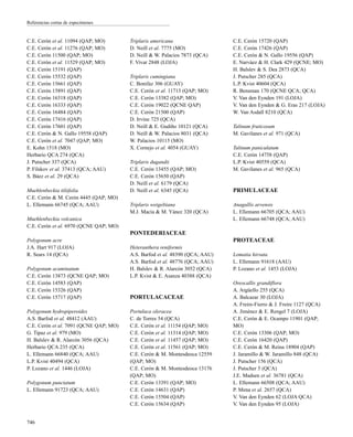 C.E. Cerón et al. 11094 (QAP; MO)
C.E. Cerón et al. 11276 (QAP; MO)
C.E. Cerón 11500 (QAP; MO)
C.E. Cerón et al. 11529 (QAP; MO)
C.E. Cerón 15191 (QAP)
C.E. Cerón 15532 (QAP)
C.E. Cerón 15661 (QAP)
C.E. Cerón 15891 (QAP)
C.E. Cerón 16318 (QAP)
C.E. Cerón 16333 (QAP)
C.E. Cerón 16484 (QAP)
C.E. Cerón 17416 (QAP)
C.E. Cerón 17601 (QAP)
C.E. Cerón & N. Gallo 19558 (QAP)
C.E. Cerón et al. 7047 (QAP; MO)
E. Kohn 1518 (MO)
Herbario QCA 274 (QCA)
J. Putscher 337 (QCA)
P. Filskov et al. 37413 (QCA; AAU)
S. Báez et al. 29 (QCA)
Muehlenbeckia tiliifolia
C.E. Cerón & M. Cerón 4445 (QAP; MO)
L. Ellemann 66745 (QCA; AAU)
Muehlenbeckia volcanica
C.E. Cerón et al. 6970 (QCNE QAP; MO)
Polygonum acre
J.A. Hart 917 (LOJA)
R. Sears 14 (QCA)
Polygonum acuminatum
C.E. Cerón 13873 (QCNE QAP; MO)
C.E. Cerón 14583 (QAP)
C.E. Cerón 15326 (QAP)
C.E. Cerón 15717 (QAP)
Polygonum hydropiperoides
A.S. Barfod et al. 48412 (AAU)
C.E. Cerón et al. 7091 (QCNE QAP; MO)
G. Tipaz et al. 979 (MO)
H. Balslev & R. Alarcón 3056 (QCA)
Herbario QCA 235 (QCA)
L. Ellemann 66840 (QCA; AAU)
L.P. Kvist 40494 (QCA)
P. Lozano et al. 1446 (LOJA)
Polygonum punctatum
L. Ellemann 91723 (QCA; AAU)
Triplaris americana
D. Neill et al. 7775 (MO)
D. Neill & W. Palacios 7873 (QCA)
F. Vivar 2848 (LOJA)
Triplaris cumingiana
C. Bonifaz 306 (GUAY)
C.E. Cerón et al. 11713 (QAP; MO)
C.E. Cerón 13382 (QAP; MO)
C.E. Cerón 19022 (QCNE QAP)
C.E. Cerón 21500 (QAP)
D. Irvine 725 (QCA)
D. Neill & E. Gudiño 10121 (QCA)
D. Neill & W. Palacios 8031 (QCA)
W. Palacios 10115 (MO)
X. Cornejo et al. 4054 (GUAY)
Triplaris dugandii
C.E. Cerón 13455 (QAP; MO)
C.E. Cerón 15650 (QAP)
D. Neill et al. 6179 (QCA)
D. Neill et al. 6345 (QCA)
Triplaris weigeltiana
M.J. Macía & M. Yánez 320 (QCA)
PONTEDERIACEAE
Heteranthera reniformis
A.S. Barfod et al. 48390 (QCA; AAU)
A.S. Barfod et al. 48776 (QCA; AAU)
H. Balslev & R. Alarcón 3052 (QCA)
L.P. Kvist & E. Asanza 40388 (QCA)
PORTULACACEAE
Portulaca oleracea
C. de Torres 54 (QCA)
C.E. Cerón et al. 11154 (QAP; MO)
C.E. Cerón et al. 11314 (QAP; MO)
C.E. Cerón et al. 11457 (QAP; MO)
C.E. Cerón et al. 11561 (QAP; MO)
C.E. Cerón & M. Montesdeoca 12559
(QAP; MO)
C.E. Cerón & M. Montesdeoca 13176
(QAP; MO)
C.E. Cerón 13391 (QAP; MO)
C.E. Cerón 14631 (QAP)
C.E. Cerón 15504 (QAP)
C.E. Cerón 15634 (QAP)
C.E. Cerón 15720 (QAP)
C.E. Cerón 17426 (QAP)
C.E. Cerón & N. Gallo 19556 (QAP)
E. Narváez & H. Clark 429 (QCNE; MO)
H. Balslev & S. Dea 2873 (QCA)
J. Putscher 285 (QCA)
L.P. Kvist 40604 (QCA)
R. Bensman 170 (QCNE QCA; QCA)
V. Van den Eynden 191 (LOJA)
V. Van den Eynden & G. Eras 217 (LOJA)
W. Van Asdall 8210 (QCA)
Talinum fruticosum
M. Gavilanes et al. 971 (QCA)
Talinum paniculatum
C.E. Cerón 14758 (QAP)
L.P. Kvist 40559 (QCA)
M. Gavilanes et al. 965 (QCA)
PRIMULACEAE
Anagallis arvensis
L. Ellemann 66705 (QCA; AAU)
L. Ellemann 66748 (QCA; AAU)
PROTEACEAE
Lomatia hirsuta
L. Ellemann 91618 (AAU)
P. Lozano et al. 1453 (LOJA)
Oreocallis grandiflora
A. Argüello 255 (QCA)
A. Balcazar 30 (LOJA)
A. Freire-Fierro & J. Freire 1127 (QCA)
A. Jiménez & E. Rengel 7 (LOJA)
C.E. Cerón & E. Ocampo 11901 (QAP;
MO)
C.E. Cerón 13306 (QAP; MO)
C.E. Cerón 16420 (QAP)
C.E. Cerón & M. Reina 18904 (QAP)
J. Jaramillo & W. Jaramillo 848 (QCA)
J. Putscher 156 (QCA)
J. Putscher 5 (QCA)
J.E. Madsen et al. 36781 (QCA)
L. Ellemann 66508 (QCA; AAU)
P. Mena et al. 2657 (QCA)
V. Van den Eynden 62 (LOJA QCA)
V. Van den Eynden 95 (LOJA)
746
Referencias cortas de especímenes
 