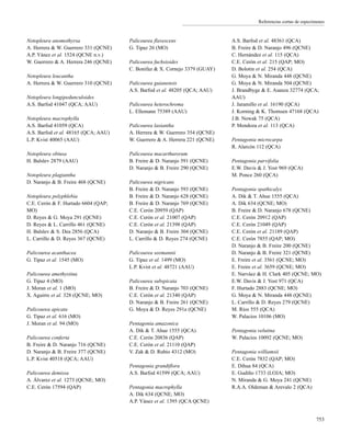 Referencias cortas de especímenes
Notopleura anomothyrsa
A. Herrera & W. Guerrero 331 (QCNE)
A.P. Yánez et al. 1524 (QCNE n.v.)
W. Guerrero & A. Herrera 246 (QCNE)
Notopleura leucantha
A. Herrera & W. Guerrero 310 (QCNE)
Notopleura longipedunculoides
A.S. Barfod 41047 (QCA; AAU)
Notopleura macrophylla
A.S. Barfod 41059 (QCA)
A.S. Barfod et al. 48165 (QCA; AAU)
L.P. Kvist 40065 (AAU)
Notopleura obtusa
H. Balslev 2879 (AAU)
Notopleura plagiantha
D. Naranjo & B. Freire 468 (QCNE)
Notopleura polyphlebia
C.E. Cerón & F. Hurtado 6604 (QAP;
MO)
D. Reyes & G. Moya 291 (QCNE)
D. Reyes & L. Carrillo 461 (QCNE)
H. Balslev & S. Dea 2856 (QCA)
L. Carrillo & D. Reyes 367 (QCNE)
Palicourea acanthacea
G. Tipaz et al. 1545 (MO)
Palicourea amethystina
G. Tipaz 4 (MO)
J. Moran et al. 1 (MO)
X. Aguirre et al. 328 (QCNE; MO)
Palicourea apicata
G. Tipaz et al. 616 (MO)
J. Moran et al. 94 (MO)
Palicourea conferta
B. Freire & D. Naranjo 716 (QCNE)
D. Naranjo & B. Freire 377 (QCNE)
L.P. Kvist 40518 (QCA; AAU)
Palicourea demissa
A. Álvarez et al. 1273 (QCNE; MO)
C.E. Cerón 17594 (QAP)
Palicourea flavescens
G. Tipaz 26 (MO)
Palicourea fuchsioides
C. Bonifaz & X. Cornejo 3379 (GUAY)
Palicourea guianensis
A.S. Barfod et al. 48205 (QCA; AAU)
Palicourea heterochroma
L. Ellemann 75389 (AAU)
Palicourea lasiantha
A. Herrera & W. Guerrero 354 (QCNE)
W. Guerrero & A. Herrera 221 (QCNE)
Palicourea macarthurorum
B. Freire & D. Naranjo 591 (QCNE)
D. Naranjo & B. Freire 290 (QCNE)
Palicourea nigricans
B. Freire & D. Naranjo 593 (QCNE)
B. Freire & D. Naranjo 628 (QCNE)
B. Freire & D. Naranjo 769 (QCNE)
C.E. Cerón 20959 (QAP)
C.E. Cerón et al. 21007 (QAP)
C.E. Cerón et al. 21398 (QAP)
D. Naranjo & B. Freire 304 (QCNE)
L. Carrillo & D. Reyes 274 (QCNE)
Palicourea seemannii
G. Tipaz et al. 1499 (MO)
L.P. Kvist et al. 48721 (AAU)
Palicourea subspicata
B. Freire & D. Naranjo 703 (QCNE)
C.E. Cerón et al. 21340 (QAP)
D. Naranjo & B. Freire 261 (QCNE)
G. Moya & D. Reyes 291a (QCNE)
Pentagonia amazonica
A. Dik & T. Ahue 1555 (QCA)
C.E. Cerón 20836 (QAP)
C.E. Cerón et al. 21110 (QAP)
V. Zak & D. Rubio 4312 (MO)
Pentagonia grandiflora
A.S. Barfod 41599 (QCA; AAU)
Pentagonia macrophylla
A. Dik 634 (QCNE; MO)
A.P. Yánez et al. 1395 (QCA QCNE)
A.S. Barfod et al. 48361 (QCA)
B. Freire & D. Naranjo 496 (QCNE)
C. Hernández et al. 115 (QCA)
C.E. Cerón et al. 215 (QAP; MO)
D. Bolotin et al. 254 (QCA)
G. Moya & N. Miranda 448 (QCNE)
G. Moya & N. Miranda 504 (QCNE)
J. Brandbyge & E. Asanza 32774 (QCA;
AAU)
J. Jaramillo et al. 16190 (QCA)
J. Korning & K. Thomsen 47168 (QCA)
J.B. Nowak 75 (QCA)
P. Mendoza et al. 113 (QCA)
Pentagonia microcarpa
R. Alarcón 112 (QCA)
Pentagonia parvifolia
E.W. Davis & J. Yost 969 (QCA)
M. Ponce 260 (QCA)
Pentagonia spathicalyx
A. Dik & T. Ahue 1555 (QCA)
A. Dik 634 (QCNE; MO)
B. Freire & D. Naranjo 678 (QCNE)
C.E. Cerón 20912 (QAP)
C.E. Cerón 21049 (QAP)
C.E. Cerón et al. 21189 (QAP)
C.E. Cerón 7855 (QAP; MO)
D. Naranjo & B. Freire 200 (QCNE)
D. Naranjo & B. Freire 321 (QCNE)
E. Freire et al. 3561 (QCNE; MO)
E. Freire et al. 3659 (QCNE; MO)
E. Narváez & H. Clark 405 (QCNE; MO)
E.W. Davis & J. Yost 971 (QCA)
F. Hurtado 2883 (QCNE; MO)
G. Moya & N. Miranda 448 (QCNE)
L. Carrillo & D. Reyes 279 (QCNE)
M. Ríos 555 (QCA)
W. Palacios 10106 (MO)
Pentagonia velutina
W. Palacios 10092 (QCNE; MO)
Pentagonia williamsii
C.E. Cerón 7832 (QAP; MO)
E. Dihua 84 (QCA)
E. Gudiño 1733 (LOJA; MO)
N. Miranda & G. Moya 241 (QCNE)
R.A.A. Oldeman & Arevalo 2 (QCA)
753
 