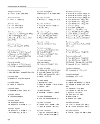 Pentagonia wurdackii
M. Tirado et al. 98 (QCNE; MO)
Posoqueria maxima
G. Tipaz et al. 1455 (MO)
Psychotria allenii
C.E. Cerón 20817 (QAP)
C.E. Cerón 21036 (QAP)
Psychotria anemothyrsa
J.E. Lawesson et al. 39777 (QCA; AAU)
L.P. Kvist 40072 (QCA; AAU)
L.P. Kvist & L.B. Holm-Nielsen 40114
(QCA; AAU)
Psychotria berteroana
D. Reyes & G. Moya 308 (QCNE)
Psychotria brachiata
A.S. Barfod et al. 48112 (QCA; AAU)
J.E. Lawesson et al. 39540 (QCA)
L.P. Kvist & E. Asanza 40322 (AAU)
O. Cabrera et al. 73 (LOJA)
Psychotria caerulea
A.S. Barfod et al. 48172 (QCA; AAU)
L.P. Kvist & E. Asanza 40400 (AAU)
Psychotria capitata
F. Skov & K. Skov-Petersen 60122 (AAU)
Psychotria cincta
H. Balslev & D. Irvine 4587 (AAU)
Psychotria cooperi
G. Tipaz et al. 1489 (MO)
Psychotria ernestii
N. Miranda & G. Moya 330 (QCNE)
Psychotria flaviflora
W. Palacios 10289 (MO)
Psychotria gentryi
A.S. Barfod 41493 (AAU)
A.S. Barfod et al. 48108 (QCA; AAU)
Psychotria hispidula
A.S. Barfod et al. 48315 (QCA; AAU)
L.P. Kvist 40153 (QCA; AAU)
Psychotria megistophylla
T. Montenegro et al. 90 (QCNE; MO)
Psychotria micrantha
M. Aulestia et al. 1296 (QCNE; MO)
Psychotria microbotrys
D. Naranjo & B. Freire 470 (QCNE)
M. Ríos 531 (QCA)
Psychotria ostreophora
C.E. Cerón 1700 (QCA QAP; MO)
D. Reyes & G. Moya 271 (QCNE)
W. Palacios 10069 (QCNE; MO)
Psychotria ownbeyi
F. Hurtado 2816 (QCNE; MO)
Psychotria poeppigiana
A. Álvarez et al. 162 (QCNE; MO)
C.E. Cerón 20694 (QAP)
C.E. Cerón et al. 270 (QAP; MO)
M. Oviedo 108 (QCA)
Psychotria poeppigiana
subsp. poeppigiana
C.E. Cerón et al. 270 (QAP; MO)
Psychotria racemosa
A.S. Barfod et al. 48215 (QCA; AAU)
B. Freire & D. Naranjo 518 (QCNE)
H. Balslev & R. Alarcón 3048 (QCA)
R. Alarcón 118 (QCA)
Psychotria remota
D. Neill 10691 (QCNE n.v.)
E. Kohn & A. Alvarado 1579 (QCNE n.v.)
M. Ponce 175 (QCA)
Psychotria reticulata
A. Jiménez & E. Rengel 71 (LOJA)
Psychotria rhodothamna
B. Freire & D. Naranjo 640 (QCNE)
Psychotria sacciformis
A. Alvarado 485 (QCNE QCA; MO)
E. Kohn & A. Alvarado 1581 (MO)
Psychotria santaremica
D. Reyes & L. Carrillo 467 (QCNE)
L. Carrillo & D. Reyes 389 (QCNE)
Psychotria stenostachya
A. Herrera & W. Guerrero 205 (QCNE)
A. Herrera & W. Guerrero 330 (QCNE)
A. Herrera & W. Guerrero 353 (QCNE)
B. Freire & D. Naranjo 608 (QCNE)
B. Freire & D. Naranjo 638 (QCNE)
B. Freire & D. Naranjo 779 (QCNE)
D. Irvine 131 (QCA)
D. Neill 10099 (QCNE; MO)
D. Neill et al. 11183 (QCNE n.v.)
G. Moya & N. Miranda 456 (QCNE)
L. Carrillo & D. Reyes 281 (QCNE)
W. Guerrero & H. Angela 219 (QCNE)
W. Guerrero & A. Herrera 244 (QCNE)
Psychotria tenuifolia
L.P. Kvist & L.B. Holm-Nielsen 40082
(QCA; AAU)
Psychotria tinctoria
B. Freire & D. Naranjo 579 (QCNE)
Psychotria trichocephala
B. Freire & D. Naranjo 575 (QCNE)
B. Freire & D. Naranjo 576 (QCNE)
C.E. Cerón & F. Hurtado 6605 (QAP; MO)
D. Naranjo & B. Freire 274 (QCNE)
Psychotria trichotoma
J.E. Lawesson et al. 39714 (AAU)
Psychotria ulviformis
A.D. Poulsen 80998 (AAU)
Psychotria viridis
A.S. Barfod et al. 48368 (QCA; AAU)
C.E. Cerón & R. Salazar 11950 (QAP;
MO)
C.E. Cerón 1685 (QAP; MO)
C.E. Cerón et al. 228 (QAP; MO)
D. Neill et al. 7707 (MO)
J.S. Miller et al. 2395 (MO)
M. Ríos 533 (QCA)
W. Palacios 10323 (MO)
Psychotria williamsii
L.P. Kvist & D. Nissen 49044 (QCA)
R.A.A. Oldeman & Arevalo 6 (QCA)
Psychotria zevallosii
A. Freire & J. Vargas 3054 (QCNE; MO)
754
Referencias cortas de especímenes
 