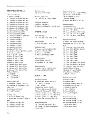 SCROPHULARIACEAE
Alonsoa meridionalis
A. Argüello 174 (QCA)
C.E. Cerón et al. 10246 (QAP; MO)
C.E. Cerón et al. 10309 (QAP; MO)
C.E. Cerón et al. 10418 (QAP; MO)
C.E. Cerón et al. 10478 (QAP; MO)
C.E. Cerón et al. 10566 (QAP; MO)
C.E. Cerón et al. 11032 (QAP; MO)
C.E. Cerón et al. 11129 (QAP; MO)
C.E. Cerón 13316 (QAP; MO)
C.E. Cerón 13529 (QAP; MO)
C.E. Cerón 14444 (QCNE QAP; MO)
C.E. Cerón 14644 (QAP)
C.E. Cerón 14703 (QAP)
C.E. Cerón 15312 (QAP)
C.E. Cerón 15608 (QAP)
C.E. Cerón 17377 (QAP)
C.E. Cerón 17408 (QAP)
C.E. Cerón 17639 (QAP)
C.E. Cerón et al. 7112 (QCNE QAP; MO)
H. Obando s.n.a (QCA)
Herbario QCA 114 (QCA)
Herbario QCA 116 (QCA)
Herbario QCA 117 (QCA)
Herbario QCA 119 (QCA)
Herbario QCA 120 (QCA)
L. Ellemann 66634 (QCA; AAU)
L. Ellemann 66747 (QCA; AAU)
L. Ellemann 66999 (QCA; AAU)
L. Ellemann 91681 (QCA; AAU)
M. Punín 7 (QCA)
s.c. 22 (QCA)
S.J. Lligalo 90 (QCA)
S.J. Lligalo 92 (QCA)
Buddleja americana
A. Jiménez & E. Rengel 37 (LOJA)
C.E. Cerón & M. Montesdeoca 12529
(QAP; MO)
C.E. Cerón 15465 (QAP)
F. Vivar 2817 (LOJA)
Buddleja bullata
A. Álvarez 14 (QCNE; MO)
A. Álvarez & C. Columba 1429 (QCNE;
MO)
C.E. Cerón 1879 (QAP; MO)
C.E. Cerón 2576 (QAP; MO)
C.E. Cerón 3764 (QAP; MO)
Buddleja incana
C.E. Cerón 17433 (QAP)
Buddleja pichinchensis
C.E. Cerón et al. 11776 (QAP; MO)
Verbascum phlomoides
J. Putscher 144b (QCA)
T. Núñez & F. Chitapaxi 173 (QCNE; MO)
SMILACACEAE
Smilax febrifuga
C.E. Cerón & N. Gallo 19598 (QAP)
Smilax insignis
D. Reyes & G. Moya 179 (QCNE)
Smilax lanceolata
A. Álvarez et al. 1324 (QCNE; MO)
C.E. Cerón 4281 (QAP; MO)
G. Tipaz et al. 1599 (MO)
W. Palacios 12407 (QCNE; MO)
Smilax longifolia
J. Nabe-Nielsen 435 (AAU)
W.H. Lewis et al. 13943 (MO)
Smilax tomentosa
A. Álvarez et al. 619 (QCNE; MO)
W. Palacios 12621 (QCNE; MO)
SOLANACEAE
Acnistus arborescens
A. Jiménez & E. Rengel 39 (LOJA)
C.E. Cerón 14774 (QAP)
G. Eras 1 (LOJA)
J. García & B. Tello 10 (LOJA)
O. Cabrera & J. Zamora 621 (LOJA)
P. Lozano & O. Cabrera 374 (LOJA)
V. Van den Eynden & G. Eras 227 (LOJA)
V. Van den Eynden & G. Eras 244 (LOJA)
V. Van den Eynden et al. 575 (LOJA)
X. Cornejo & C. Bonifaz 3979 (GUAY)
Browallia americana
C.E. Cerón et al. 6907 (QAP; MO)
L.P. Kvist & L.B. Holm-Nielsen 40040
(QCA; AAU)
Brugmansia arborea
A. Herrera & W. Guerrero 227 (QCNE)
A.S. Barfod et al. 48930 (AAU)
E. Kohn 1394 (QCNE n.v.)
J. Putscher 280 (QCA)
N. Miranda & G. Moya 352 (QCNE)
Brugmansia aurea
C. de Torres 19 (QCA)
C.E. Cerón et al. 11000 (QAP; MO)
C.E. Cerón 17379 (QAP)
C.E. Cerón & M. Reina 19343 (QAP)
C.E. Cerón & N. Gallo 19552 (QAP)
C.E. Cerón & M. Reina 19880 (QAP)
Brugmansia sanguinea
A. Jiménez & E. Rengel 30 (LOJA)
B. Cuamacás et al. 203 (LOJA QCNE;
MO)
C.E. Cerón et al. 10483 (QAP; MO)
C.E. Cerón 13626 (QCNE QAP; MO)
C.E. Cerón 15085 (QAP)
C.E. Cerón 15111 (QAP)
C.E. Cerón 15311 (QAP)
C.E. Cerón 15415 (QAP)
C.E. Cerón 15669 (QAP)
C.E. Cerón 15845 (QAP)
C.E. Cerón & M. Reina 18905 (QAP)
C.E. Cerón & M. Reina 19348 (QAP)
C.E. Cerón & N. Gallo 19553 (QAP)
E. Kohn 1323 (QCNE n.v.)
P. Bailey & D. Evans 37 (QCA)
R.A.A. Oldeman 3382 (QCA)
S.J. Lligalo 6 (QCA)
Brugmansia suaveolens
D. Irvine 528 (QCA)
D. Irvine 698 (QCA)
H. Balslev & S. Dea 2814 (QCA)
H. Balslev 2887 (QCA; AAU)
J.P. Lescure 2210 (QCA)
M. Ponce 187 (QCA)
R. Alarcón 19 (QCA)
R. Alarcón 19544 (QCA)
Brugmansia versicolor
A.S. Barfod 41050 (QCA)
A.S. Barfod 41367 (QCA; AAU)
A.S. Barfod 41618 (QCA; AAU)
L.P. Kvist 40581 (QCA)
L.P. Kvist 40624 (QCA)
760
Referencias cortas de especímenes
 
