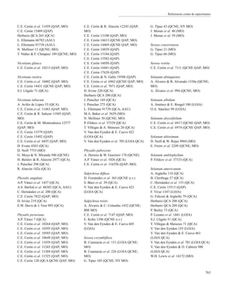 Referencias cortas de especímenes
C.E. Cerón et al. 11459 (QAP; MO)
C.E. Cerón 15489 (QAP)
Herbario QCA 265 (QCA)
L. Ellemann 66782 (AAU)
L. Ellemann 91738 (AAU)
N. Molliner 15 (QCNE; MO)
T. Núñez & F. Chitapaxi 189 (QCNE; MO)
Nicotiana glauca
C.E. Cerón et al. 10213 (QAP; MO)
Nicotiana rustica
C.E. Cerón et al. 10402 (QAP; MO)
C.E. Cerón 14431 (QCNE QAP; MO)
S.J. Lligalo 71 (QCA)
Nicotiana tabacum
A. Avilés de López 53 (QCA)
C.E. Cerón et al. 11463 (QAP; MO)
C.E. Cerón & R. Salazar 11945 (QAP;
MO)
C.E. Cerón & M. Montesdeoca 12577
(QAP; MO)
C.E. Cerón 15379 (QAP)
C.E. Cerón 15492 (QAP)
C.E. Cerón et al. 6855 (QAP; MO)
D. Evans 4363 (QCA)
D. Neill 7753 (MO)
G. Moya & N. Miranda 500 (QCNE)
H. Balslev & R. Alarcón 2977 (QCA)
J. Putscher 298 (QCA)
R. Alarcón 102a (QCA)
Physalis angulata
A.P. Yánez et al. 1437 (QCA)
A.S. Barfod et al. 48385 (QCA; AAU)
C. Hernández et al. 200 (QCA)
C.E. Cerón 7822 (QAP; MO)
D. Irvine 219 (QCA)
E.W. Davis & J. Yost 995 (QCA)
Physalis peruviana
A.P. Yánez 7 (QCA)
C.E. Cerón et al. 10264 (QAP; MO)
C.E. Cerón et al. 10395 (QAP; MO)
C.E. Cerón et al. 10585 (QAP; MO)
C.E. Cerón et al. 10649 (QAP; MO)
C.E. Cerón et al. 11039 (QAP; MO)
C.E. Cerón et al. 11243 (QAP; MO)
C.E. Cerón et al. 11304 (QAP; MO)
C.E. Cerón et al. 11525 (QAP; MO)
C.E. Cerón 120 (QCA QCNE QAP; MO)
C.E. Cerón & R. Alarcón 12245 (QAP;
MO)
C.E. Cerón 13108 (QAP; MO)
C.E. Cerón 14413 (QCNE QAP; MO)
C.E. Cerón 14469 (QCNE QAP; MO)
C.E. Cerón 14839 (QAP)
C.E. Cerón 15184 (QAP)
C.E. Cerón 15582 (QAP)
C.E. Cerón 16050 (QAP)
C.E. Cerón 16441 (QAP)
C.E. Cerón 17628 (QAP)
C.E. Cerón & N. Gallo 19588 (QAP)
C.E. Cerón et al. 6962 (QCNE QAP; MO)
C.E. Cerón et al. 7071 (QAP; MO)
D. Irvine 220 (QCA)
Herbario QCA 200 (QCA)
J. Putscher 169 (QCA)
J. Putscher 275 (QCA)
L. Ellemann 91739 (QCA; AAU)
M.A. Baker et al. 5629 (MO)
N. Molliner 30 (QCNE; MO)
P. Filskov et al. 37329 (QCA)
T. Villegas & A. Meneses 28 (QCA)
V. Van den Eynden & E. Cueva 422
(LOJA QCA)
V. Van den Eynden et al. 705 (LOJA QCA)
Physalis pubescens
A. Herrera & W. Guerrero 178 (QCNE)
A.P. Yánez et al. 1026 (QCA)
C.E. Cerón et al. 11655b (QAP; MO)
Salpichroa diffusa
D. Fernández et al. 365 (QCNE n.v.)
S. Báez et al. 39 (QCA)
V. Van den Eynden & E. Cueva 423
(LOJA QCA)
Salpichroa tristis
A. Álvarez & C. Columba 1432 (QCNE;
BM MO)
C.E. Cerón et al. 7147 (QAP; MO)
E. Kohn 1396 (QCNE n.v.)
V. Van den Eynden & E. Cueva 605
(LOJA)
Sessea corymbiflora
B. Cuamacás et al. 131 (LOJA QCNE;
MO)
B. Cuamacás et al. 226 (LOJA QCNE;
MO)
G. Tipaz 105 (QCNE; NY MO)
G. Tipaz 43 (QCNE; NY MO)
J. Moran et al. 40 (MO)
J. Moran et al. 59 (MO)
Sessea crassivenosa
G. Tipaz 21 (MO)
G. Tipaz 66 (MO)
Sessea vestita
C.E. Cerón et al. 7111 (QCNE QAP; MO)
Solanum abitaguense
A. Álvarez & R. Alvarado 1338a (QCNE;
MO)
A. Álvarez et al. 994 (QCNE; MO)
Solanum albidum
A. Jiménez & E. Rengel 100 (LOJA)
O.A. Sánchez 99 (LOJA)
Solanum aloysiifolium
C.E. Cerón et al. 6917 (QCNE QAP; MO)
C.E. Cerón et al. 6974 (QCNE QAP; MO)
Solanum altissimum
D. Neill & W. Rojas 9969 (MO)
E. Freire et al. 2249 (QCNE; MO)
Solanum amblophyllum
P. Filskov et al. 37333 (QCA)
Solanum americanum
A. Argüello 118 (QCA)
B. Chiriboga 27 (QCA)
C. Hernández et al. 153 (QCA)
C.E. Cerón 15513 (QAP)
F. Vivar 1347 (LOJA)
G. Falconí & Argüello 79 (QCA)
Herbario QCA 208 (QCA)
Herbario QCA 209 (QCA)
P. Bailey 73 (QCA)
P. Lozano et al. 1441 (LOJA)
S.J. Lligalo 51 (QCA)
T. Villegas & Meneses 71 (QCA)
V. Van den Eynden 155 (LOJA)
V. Van den Eynden & E. Cueva 463
(LOJA QCA)
V. Van den Eynden et al. 701 (LOJA QCA)
V. Van den Eynden & O. Cabrera 980
(LOJA QCA)
W.H. Lewis et al. 14172 (MO)
763
 