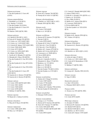 Solanum peruvianum
V. Van den Eynden & E. Cueva 461
(LOJA)
Solanum pimpinellifolium
C. Hernández et al. 68 (QCA)
O.A. Sánchez 73 (LOJA)
V. Van den Eynden 138 (LOJA)
V. Van den Eynden & E. Cueva 933
(LOJA QCA)
W. Palacios 13695 (QCNE; MO)
Solanum quitoense
A.S. Barfod 41586 (QCA; AAU)
B. Freire & D. Naranjo 530 (QCNE)
C.E. Cerón et al. 10512 (QAP; MO)
C.E. Cerón et al. 11654 (QAP; MO)
C.E. Cerón & R. Salazar 11933 (QAP; MO)
C.E. Cerón 13044 (QAP; MO)
C.E. Cerón 16372 (QAP)
C.E. Cerón et al. 6856 (QAP; MO)
J.R. Abbott 15018 (QCNE)
L. Carrillo & N. Miranda 221 (QCNE)
N. Miranda & G. Moya 180 (QCNE)
V. Van den Eynden & G. Eras 202 (LOJA
QCA)
V. Van den Eynden & G. Eras 207 (LOJA
QCA)
V. Van den Eynden & G. Eras 250 (LOJA
QCA)
V. Van den Eynden & E. Cueva 305
(LOJA QCA)
W. Guerrero & A. Herrera 158 (QCNE)
W. Guerrero & A. Herrera 49 (QCNE)
Solanum radicans
C.E. Cerón 14505 (QCNE QAP; MO)
C.E. Cerón 14661 (QAP)
C.E. Cerón 15684 (QAP)
C.E. Cerón 16398 (QAP)
N. Molliner 23 (QCNE; MO)
Solanum riparium
W. Braem & A. Cabrera 8 (LOJA)
Solanum robustifrons
G. Moya & D. Reyes 236 (QCNE)
Solanum rudepannum
C.E. Cerón 13406 (QAP; MO)
M. Ríos et al. 105 (QCA)
Solanum rugosum
B. Freire & D. Naranjo 746 (QCNE)
D. Naranjo & B. Freire 315 (QCNE)
Solanum schlechtendalianum
A.S. Barfod et al. 48233 (QCA; AAU)
F. Hurtado 2854 (QCNE; MO)
Solanum sessile
C.E. Cerón 17393 (QAP)
S. Báez et al. 169 (QCA)
Solanum sessiliflorum
A. Herrera & W. Guerrero 274 (QCNE)
C. Narváez 8 (QCA)
C.E. Cerón 20785 (QAP)
D. Naranjo & B. Freire 212 (QCNE)
E.W. Davis & J. Yost 918 (QCA)
E.W. Davis & J. Yost 930 (QCA)
H. Balslev & E. Asanza 4370 (QCA)
H. Balslev & D. Irvine 4620 (QCA)
J.E. Lawesson et al. 39690 (QCA)
L.P. Kvist 40509 (QCA)
M. Ponce 182 (QCA)
M. Ríos & J. Jaramillo 56 (QCA)
N. Miranda & G. Moya 179 (QCNE)
P. Mendoza et al. 212 (QCA)
S. Báez et al. 190 (QCA)
S. Báez et al. 464 (QCA)
V. Van den Eynden 754 (QCA LOJA)
V. Van den Eynden et al. 832 (QCA
LOJA)
Solanum sisymbrifolium
A. Jiménez & E. Rengel 82 (LOJA)
C.E. Cerón 15487 (QAP)
C.E. Cerón 15774b (QAP)
C.E. Cerón 16047 (QAP)
J.E. Madsen & O. Sánchez 7926 (LOJA)
V. Van den Eynden 82 (LOJA QCA)
Solanum stenophyllum
L. Ellemann 91699 (AAU)
Solanum stramoniifolium
A. Gerique et al. 37 (LOJA)
A. Herrera & W. Guerrero 202 (QCNE)
B. Freire & D. Naranjo 731 (QCNE)
C.E. Cerón 1684 (QAP; MO)
C.E. Cerón 170 (QCA QCNE QAP; MO
NY QAME)
C.E. Cerón 20933 (QAP)
C.E. Cerón & F. Hurtado 6668 (QAP; MO)
E. Asanza 32944 (AAU)
E. Kohn & A. Alvarado 1591 (QCNE n.v.)
F. Santin et al. 38 (LOJA)
G. Paz y Miño 28 (QCA)
H. Balslev & E. Asanza 4366 (QCA)
J.E. Lawesson 39650 (QCA)
L.P. Kvist 40656 (QCA)
V. Van den Eynden et al. 824 (LOJA
QCA)
Solanum ternatum
H. Balslev & R. Alarcón 2950 (QCA)
W.T. Vickers 143 (QCA)
Solanum thelopodium
R. Alarcón 19384 (QCA)
W. Guerrero & A. Herrera 195 (QCNE)
Solanum triplinervium
A.S. Barfod et al. 48914 (QCA; AAU)
Solanum tuberosum
A. Avilés de López 47 (QCA)
C.E. Cerón et al. 10931 (QAP; MO)
C.E. Cerón & M. Montesdeoca 12108
(QAP; MO)
N. Molliner 37 (QCNE; MO)
Solanum umbellatum
X. Cornejo & C. Bonifaz 3982 (GUAY)
Solanum venosum
G. Tipaz 45 (MO)
Streptosolen jamesonii
J.A. Hart 1120 (LOJA)
L. Ellemann 66622 (QCA; AAU)
Trianaea nobilis
A. Álvarez et al. 893 (QCNE; MO)
Trianaea speciosa
C.E. Cerón 20752 (QAP)
Witheringia solanacea
A. Alvarado 255 (MO)
A. Herrera & W. Guerrero 210 (QCNE)
A.S. Barfod 41053 (QCA)
A.S. Barfod 41648 (QCA; AAU)
A.S. Barfod et al. 48115 (AAU)
C.E. Cerón & R. Salazar 11955 (QAP;
766
Referencias cortas de especímenes
 