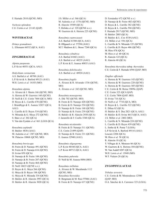 Referencias cortas de especímenes
F. Hurtado 2810 (QCNE; MO)
Vochysia splendens
C.E. Cerón et al. 21143 (QAP)
WINTERACEAE
Drimys granadensis
L. Ellemann 66532 (QCA; AAU)
ZINGIBERACEAE
Alpinia purpurata
L.P. Kvist 40551 (QCA; AAU)
Hedychium coronarium
A.S. Barfod et al. 48788 (AAU)
L.P. Kvist & A. Barford 49121 (AAU)
W.H. Lewis et al. 14103 (MO)
Renealmia alpinia
A. Álvarez & J. Shuira 166 (QCNE; MO)
A. Herrera & W. Guerrero 160 (QCNE)
D. Neill & C.E. Cerón 7444 (QCA; MO)
D. Reyes & L. Carrillo 670 (QCNE)
J. Brandbyge & E. Asanza 32837 (QCA;
AAU)
L. Carrillo & D. Reyes 534 (QCNE)
N. Miranda & G. Moya 272 (QCNE)
S. Báez et al. 202 (QCA)
V. Van den Eynden et al. 661 (LOJA QCA)
Renealmia asplundii
H. Balslev 4836 (AAU)
M. Aulestia et al. 1387 (QCNE; MO)
W. Palacios 10068 (QCNE; MO)
Renealmia breviscapa
B. Freire & D. Naranjo 491 (QCNE)
B. Freire & D. Naranjo 616 (QCNE)
D. Irvine 859 (QCA)
D. Naranjo & B. Freire 188 (QCNE)
D. Naranjo & B. Freire 287 (QCNE)
D. Naranjo & B. Freire 464 (QCNE)
D. Neill 10633 (QCNE n.v.)
D. Reyes & G. Moya 266 (QCNE)
G. Moya & D. Reyes 184 (QCNE)
G. Moya & N. Miranda 334 (QCNE)
H. Balslev & R. Alarcón 2993 (QCA)
H. Balslev & R. Alarcón 3020 (QCA)
J.S. Miller et al. 566 (QCA)
M. Aulestia et al. 1376 (QCNE; MO)
R. Alarcón 19389 (QCA)
T. Delinks et al. 329 (QCNE n.v.)
W. Guerrero & A. Herrera 225 (QCNE)
Renealmia cuatrecasasii
A.S. Barfod 41588 (QCA; AAU)
B. Øllgaard et al. 57294 (AAU)
M.T. Madison & L. Besse 7260 (QCA)
Renealmia cylindrica
A.S. Barfod 41042 (AAU)
A.S. Barfod et al. 48235 (AAU)
L.P. Kvist & E. Asanza 40833 (AAU)
Renealmia dolichocalyx
A.S. Barfod et al. 48924 (AAU)
Renealmia fragilis
A. Álvarez & R. Alvarado 1336 (QCNE;
MO)
A. Álvarez et al. 242 (QCNE; MO)
Renealmia monosperma
A. Dik 702 (QCNE; MO)
B. Freire & D. Naranjo 420 (QCNE)
B. Freire & D. Naranjo 554 (QCNE)
D. Naranjo & B. Freire 168 (QCNE)
D. Naranjo & B. Freire 239 (QCNE)
H. Balslev & R. Alarcón 2930 (QCA)
J. Jaramillo & F. Coello 3340 (QCA)
Renealmia nicolaioides
B. Freire & D. Naranjo 511 (QCNE)
C.E. Cerón 21499 (QAP)
D. Naranjo & B. Freire 331 (QCNE)
E. Asanza 32940 (AAU)
Renealmia oligosperma
L.P. Kvist 40160 (QCA; AAU)
L.P. Kvist 40712 (QCA; AAU)
Renealmia puberula
D. Neill & M. Asanza 8884 (MO)
Renealmia stellulata
A. Álvarez & W. Mazabanda 1112
(QCNE; MO)
Renealmia thyrsoidea
B. Bergmann & M. Ruiz 97886 (AAU)
B. Freire & D. Naranjo 637 (QCNE)
D. Fernández 672 (QCNE n.v.)
D. Naranjo & B. Freire 402 (QCNE)
D. Reyes & L. Carrillo 382 (QCNE)
D. Reyes & L. Carrillo 594 (QCNE)
F. Hurtado 2917 (QCNE; MO)
H. Balslev 2803 (QCA)
H. Balslev & L. Cox 4330 (AAU)
J.S. Miller et al. 556 (QCA)
L. Carrillo & N. Miranda 135 (QCNE)
L. Carrillo & D. Reyes 486 (QCNE)
M. Ríos 474 (QCA)
M. Ríos et al. 60 (QCA)
R. Alarcón 122 (QCA)
R. Alarcón 60 (QCA)
Renealmia thyrsoidea subsp. thyrsoidea
C.E. Cerón & F. Hurtado 6594 (QAP; MO)
Zingiber officinale
A. Herrera & W. Guerrero 143 (QCNE)
A. Herrera & W. Guerrero 228 (QCNE)
A. Herrera & W. Guerrero 305 (QCNE)
C.E. Cerón & M. Reina 19899c (QAP)
C.E. Cerón 325 (QCA QAP)
C.E. Cerón 7804 (QAP; MO)
D. Irvine 716 (QCA)
D. Neill et al. 7710 (QCA; MO)
D. Reyes & L. Carrillo 522 (QCNE)
E. Dihua 62 (QCA)
H. Balslev & S. Dea 2821 (QCA; AAU)
H. Balslev & D. Irvine 4613 (QCA; AAU)
J.S. Miller et al. 2402 (MO)
L. Carrillo & N. Miranda 224 (QCNE)
L. Carrillo & D. Reyes 439 (QCNE)
L. Jimbo & R. Poma 7 (LOJA)
L.P. Kvist & A. Barford 49116 (AAU)
Lescure 2204 (QCA)
M. Ríos et al. 58 (QCA)
R. Alarcón 18 (QCA)
T. Villegas & A. Meneses 66 (QCA)
W. Guerrero & A. Herrera 184 (QCNE)
W. Van Asdall 8207 (QCA)
W.H. Lewis et al. 13949 (MO)
W.T. Vickers 28 (QCA)
ZYGOPHYLLACEAE
Tribulus terrestris
C.E. Cerón & M. Montesdeoca 12580
(QAP; MO)
O.A. Sánchez & A. Carretero 323 (LOJA)
775
 
