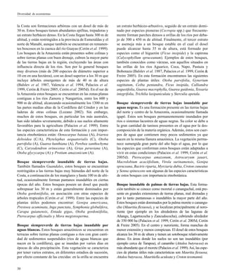 la Costa son formaciones arbóreas con un dosel de más de
30 m. Estos bosques tienen abundantes epífitas, trepadoras y
un estrato herbáceo denso. En la Costa llegan hasta 300 m de
altitud, y están restringidos a la provincia de Esmeraldas y el
norte de Manabí, aunque también se encuentran en remanen-
tes boscosos en la cuenca del río Guayas (Cerón et al. 1999).
Los bosques de la Amazonía están presentes sobre colinas y
sobre tierras planas con buen drenaje, cubren la mayor parte
de las tierras bajas en la región, excluyendo las áreas con
influencia directa de los ríos. Son por lo general bosques
muy diversos (más de 200 especies de diámetro superior a
10 cm en una hectárea), con un dosel superior a los 30 m que
incluye árboles emergentes de más de 40 m de altura
(Balslev et al. 1987, Valencia et al. 1994, Palacios et al.
1999, Cerón & Freire 2005, Cerón et al. 2005d). En el sur de
la Amazonía estos bosques se encuentran en las zonas planas
contiguas a los ríos Zamora y Nangartiza, entre los 600 y
900 m de altitud, alcanzando ocasionalmente los 1300 m en
las partes medias altas de la Cordillera del Cóndor y en las
laderas de otras colinas (Lozano 2002). Sin embargo,
muchos de estos bosques, en particular los más australes,
han sido talados severamente, debido a sus suelos altamente
favorables para la agricultura (Palacios et al. 1999). Entre
las especies características de esta formación y con impor-
tancia etnobotánica están: Oenocarpus bataua (A), Iriartea
deltoidea (C/A), Phytelephas aequatorialis (C), Otoba
parvifolia (A), Guarea kunthiana (A), Perebea xanthochyma
(C), Caryodendron orinocense (A), Grias peruviana (A),
Otoba glycycarpa (A) y Protium amazonicum (A).
Bosque siempreverde inundable de tierras bajas.
También llamados Guandales, estos bosques se encuentran
restringidos a las tierras bajas muy húmedas del norte de la
Costa, a continuación de los manglares y hasta 100 m de alti-
tud, ocasionalmente forman pantanos inundables en ciertas
épocas del año. Estos bosques poseen un dosel que puede
sobrepasar los 30 m y están generalmente dominados por
Otoba gordoniifolia, en asociación con otras especies de
árboles tropicales (Cerón et al. 1999). Entre las especies de
plantas útiles podemos encontrar: Genipa americana,
Prestoea acuminata, Inga punctata, Symphonia globulifera,
Carapa guianensis, Entada gigas, Otoba gordoniifolia,
Pterocarpus officinalis y Mora megistosperma.
Bosque siempreverde de tierras bajas inundable por
aguas blancas. Estos bosques amazónicos se encuentran en
terrazas sobre tierras planas contiguas a ríos con gran canti-
dad de sedimentos suspendidos (ríos de aguas blancas que
nacen en la cordillera), que se inundan por varios días en
épocas de alta precipitación. Esta vegetación se caracteriza
por tener varios estratos, en diferentes estadios de sucesión,
por efecto constante de las crecidas: en la orilla se encuentra
un estrato herbáceo-arbustivo, seguido de un estrato domi-
nado por especies pioneras (Cecropia spp.) que frecuente-
mente forman parches densos a orillas de los ríos por deba-
jo de 300 a 450 m de altitud. Finalmente, el tercer estrato
se asemeja más a un bosque estable en el cual el dosel
puede alcanzar hasta 35 m de altura, está formado por
especies como el higuerón (Ficus insipida) y la capirona
(Calycophyllum spruceanum). Ejemplos de estos bosques,
también conocidos como várzeas, son aquellos situados en
las orillas de los ríos Aguarico, Coca, Napo, Pastaza y
Bobonaza (Balslev et al. 1987, Palacios et al. 1999, Cerón &
Freire 2005). En esta formación encontramos las siguientes
especies de plantas útiles: Otoba parvifolia, Gynerium
sagittatum, Ceiba pentandra, Ficus insipida, Calliandra
angustifolia, Guarea macrophylla, Guarea guidonia, Tessaria
integrifolia, Trichilia laxipaniculata y Sterculia apetala.
Bosque siempreverde de tierras bajas inundable por
aguas negras. Es una formación presente en las tierras bajas
del norte y centro de la Amazonía, ocasionalmente llamada
igapó. Estos son bosques permanentemente inundados por
ríos o sistemas lacustres de aguas negras. Su color se debe a
la gran cantidad de taninos presentes en el agua por la des-
composición de la materia orgánica. Además, éstos son cuer-
pos de agua que contienen muy pocos sedimentos ya que
nacen en la misma llanura amazónica. La vegetación perma-
nece sumergida gran parte del año bajo el agua, por lo que
las especies que conforman estos bosques están adaptadas a
vivir en estas condiciones (Palacios et al. 1999, Cerón et al.
2005d). Pterocarpus amazonum, Astrocaryum jauari,
Macrolobium acaciifolium, Virola surinamensis, Genipa
spruceana, Bactris riparia, Myrciaria dubia, Croton cuneatus
y Senna spinescens son algunas de las especies características
de estos bosques con importancia etnobotánica.
Bosque inundable de palmas de tierras bajas. Esta forma-
ción también se conoce como moretal o cananguchal, está pre-
sente en grandes extensiones de tierras planas, mal drenadas y
por lo tanto pantanosas o inundables la mayor parte del año.
Estos bosques están dominados por la palma morete o canangu-
cho (Mauritia flexuosa), y se localizan principalmente al noro-
riente (por ejemplo en los alrededores de las lagunas de
Añangu, Lagartococha y Zancudococha), cubriendo alrededor
de 350 000 ha (Palacios et al. 1999, Cerón et al. 2005d, Cerón
& Freire 2005). En el centro y suroriente, forma manchas de
menor extensión y menos conspicuas. El dosel de estos bosques
alcanza los 30 m de altura y tienen un sotobosque relativamente
denso. En áreas donde los suelos no son tan inundables (por
ejemplo cerca de Tarapoa), el canambo (Attalea butyracea) es
más abundante que el morete (Palacios et al. 1999).Así, las espe-
cies de plantas útiles más características son Mauritia flexuosa,
Attalea butyracea, Mauritiella aculeata y Croton tessmannii.
30
Diversidad de ecosistemas
 