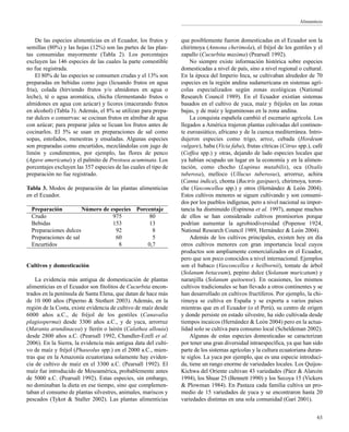 De las especies alimenticias en el Ecuador, los frutos y
semillas (80%) y las hojas (12%) son las partes de las plan-
tas consumidas mayormente (Tabla 2). Los porcentajes
excluyen las 146 especies de las cuales la parte comestible
no fue registrada.
El 80% de las especies se consumen crudas y el 13% son
preparadas en bebidas como jugo (licuando frutos en agua
fría), colada (hirviendo frutos y/o almidones en agua o
leche), té o agua aromática, chicha (fermentando frutos o
almidones en agua con azúcar) y licores (macerando frutos
en alcohol) (Tabla 3). Además, el 8% se utilizan para prepa-
rar dulces o conservas: se cocinan frutos en almíbar de agua
con azúcar; para preparar jalea se licuan los frutos antes de
cocinarlos. El 5% se usan en preparaciones de sal como
sopas, estofados, menestras y ensaladas. Algunas especies
son preparadas como encurtidos, mezclándolas con jugo de
limón y condimentos, por ejemplo, las flores de penco
(Agave americana) y el palmito de Prestoea acuminata. Los
porcentajes excluyen las 357 especies de las cuales el tipo de
preparación no fue registrado.
Tabla 3. Modos de preparación de las plantas alimenticias
en el Ecuador.
Preparación Número de especies Porcentaje
Crudo 975 80
Bebidas 153 13
Preparaciones dulces 92 8
Preparaciones de sal 60 5
Encurtidos 8 0,7
Cultivos y domesticación
La evidencia más antigua de domesticación de plantas
alimenticias en el Ecuador son fitolitos de Cucurbita encon-
trados en la península de Santa Elena, que datan de hace más
de 10 000 años (Piperno & Stothert 2003). Además, en la
región de la Costa, existe evidencia de cultivo de maíz desde
6000 años a.C., de fréjol de los gentiles (Canavalia
plagiosperma) desde 3300 años a.C., y de yuca, arrorruz
(Maranta arundinacea) y llerén o lairén (Calathea allouia)
desde 2800 años a.C. (Pearsall 1992, Chandler-Ezell et al.
2006). En la Sierra, la evidencia más antigua data del culti-
vo de maíz y fréjol (Phaseolus spp.) en el 2000 a.C., mien-
tras que en la Amazonía ecuatoriana solamente hay eviden-
cia de cultivo de maíz en el 3300 a.C. (Pearsall 1992). El
maíz fue introducido de Mesoamérica, probablemente antes
de 5000 a.C. (Pearsall 1992). Estas especies, sin embargo,
no dominaban la dieta en ese tiempo, sino que complemen-
taban el consumo de plantas silvestres, animales, mariscos y
pescados (Tykot & Staller 2002). Las plantas alimenticias
que posiblemente fueron domesticadas en el Ecuador son la
chirimoya (Annona cherimola), el fréjol de los gentiles y el
zapallo (Cucurbita maxima) (Pearsall 1992).
No siempre existe información histórica sobre especies
domesticadas a nivel de país, sino a nivel regional o cultural.
En la época del Imperio Inca, se cultivaban alrededor de 70
especies en la región andina sudamericana en sistemas agrí-
colas especializados según zonas ecológicas (National
Research Council 1989). En el Ecuador existían sistemas
basados en el cultivo de yuca, maíz y fréjoles en las zonas
bajas, y de maíz y leguminosas en la zona andina.
La conquista española cambió el escenario agrícola. Los
llegados a América trajeron plantas cultivadas del continen-
te euroasiático, africano y de la cuenca mediterránea. Intro-
dujeron especies como trigo, arroz, cebada (Hordeum
vulgare), haba (Vicia faba), frutas cítricas (Citrus spp.), café
(Coffea spp.) y otras, dejando de lado especies locales que
ya habían ocupado un lugar en la economía y en la alimen-
tación, como chocho (Lupinus mutabilis), oca (Oxalis
tuberosa), melloco (Ullucus tuberosus), arrorruz, achira
(Canna indica), chonta (Bactris gasipaes), chirimoya, toron-
che (Vasconcellea spp.) y otros (Hernández & León 2004).
Estos cultivos menores se siguen cultivando y son consumi-
dos por los pueblos indígenas, pero a nivel nacional su impor-
tancia ha disminuido (Espinosa et al. 1997), aunque muchos
de ellos se han considerado cultivos promisorios porque
podrían aumentar la agrobiodiversidad (Popenoe 1924,
National Research Council 1989, Hernández & León 2004).
Además de los cultivos principales, existen hoy en día
otros cultivos menores con gran importancia local cuyos
productos son ampliamente comercializados en el Ecuador,
pero que son poco conocidos a nivel internacional. Ejemplos
son el babaco (Vasconcellea x heilbornii), tomate de árbol
(Solanum betaceum), pepino dulce (Solanum muricatum) y
naranjilla (Solanum quitoense). En ocasiones, los mismos
cultivos tradicionales se han llevado a otros continentes y se
han desarrollado en cultivos fructíferos. Por ejemplo, la chi-
rimoya se cultiva en España y se exporta a varios países
mientras que en el Ecuador (o el Perú), su centro de origen
y donde persiste en estado silvestre, ha sido cultivada desde
tiempos incaicos (Hernández & León 2004) pero en la actua-
lidad solo se cultiva para consumo local (Scheldeman 2002).
Algunas de estas especies domesticadas se caracterizan
por tener una gran diversidad intraespecífica, ya que han sido
parte de los sistemas agrícolas y la cultura ecuatoriana duran-
te siglos. La yuca por ejemplo, que es una especie introduci-
da, tiene un rango enorme de variedades locales. Los Quijos-
Kichwa del Oriente cultivan 43 variedades (Páez & Alarcón
1994), los Shuar 25 (Bennett 1990) y los Secoya 15 (Vickers
& Plowman 1984). En Pastaza cada familia cultiva un pro-
medio de 15 variedades de yuca y se encontraron hasta 20
variedades distintas en una sola comunidad (Garí 2001).
63
Alimenticio
 