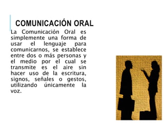 COMUNICACIÓN ORAL 
La Comunicación Oral es 
simplemente una forma de 
usar el lenguaje para 
comunicarnos, se establece 
entre dos o más personas y 
el medio por el cual se 
transmite es el aire sin 
hacer uso de la escritura, 
signos, señales o gestos, 
utilizando únicamente la 
voz. 
 