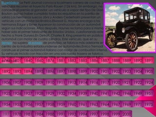 El periódico Le Petit Journal convoca la primera carrera de coches. Los vehículos recorren el trayecto París-Rouen (126 km). Sin embargo, no se concede el premio al ganador -un vehículo a vapor del tipo De Dion-Bouton- por no haber cumplido todos los requisitos en la parrilla de salida.Los hermanos suecos Jöns y Anders Cederholm presentan un vehículo con un motor bicilíndrico.Elwood G. Haynes encarga a los hermanos Edgar y Elmer Apperson la construcción de un automóvil según sus indicaciones. Años después, Haynes reclama para sí mismo haber sido el primer fabricante de Estados Unidos, cuestionando este hecho a Frank Duryea.En Detroit, Charles B. King presenta en público su automóvil con motor de cuatro cilindros. Este vehículo, que en su tiempo no supera el estado de prototipo, se fabrica más adelante en el centro de la industria estadounidense de automóviles.Enrico Tremadi construye el primer automóvil italiano con motor de combustión interna. Su vehículo triciclo con tracción en una sola rueda trasera se fabrica, de forma mejorada, a partir de 1896, en la empresa Miari Giusti & Co. en Padua.18811876186017691801184018861885188318901889188818871891189418931892190219001901189518961897189819041903189919051906191319111910190919081907191719211920191419241922191619251926195119491946194219411940193919341932192919281927195519541957195619581975197119691967196419631961196019591976197819811984198819911993199419972000199919981769