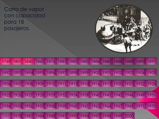 Carro de vapor con capacidad para 18 pasajeros.18811876186017691801184018861885188318901889188818871891189418931892190219001901189518961897189819041903189919051906191319111910190919081907191719211920191419241922191619251926195119491946194219411940193919341932192919281927195519541957195619581975197119691967196419631961196019591976197819811984198819911993199419972000199919981769