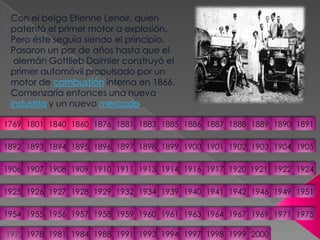 Con el belga Etienne Lenoir, quien patentó el primer motor a explosión. Pero éste seguía siendo el principio. Pasaron un par de años hasta que el alemán Gottlieb Daimler construyó el primer automóvil propulsado por un motor de combustión interna en 1866. Comenzaría entonces una nueva industria y un nuevo mercado.18811876186017691801184018861885188318901889188818871891189418931892190219001901189518961897189819041903189919051906191319111910190919081907191719211920191419241922191619251926195119491946194219411940193919341932192919281927195519541957195619581975197119691967196419631961196019591976197819811984198819911993199419972000199919981769