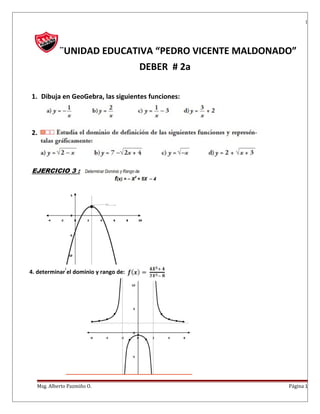 1
¨UNIDAD EDUCATIVA “PEDRO VICENTE MALDONADO”
DEBER # 2a
1. Dibuja en GeoGebra, las siguientes funciones:
2.
4. determinar el dominio y rango de:
Msg. Alberto Pazmiño O. Página 1
 