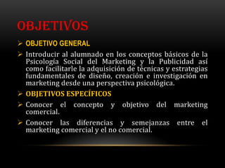 OBJETIVOS
 OBJETIVO GENERAL
 Introducir al alumnado en los conceptos básicos de la
  Psicología Social del Marketing y la Publicidad así
  como facilitarle la adquisición de técnicas y estrategias
  fundamentales de diseño, creación e investigación en
  marketing desde una perspectiva psicológica.
 OBJETIVOS ESPECÍFICOS
 Conocer el concepto y objetivo del marketing
  comercial.
 Conocer las diferencias y semejanzas entre el
  marketing comercial y el no comercial.
 