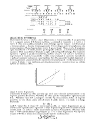 CRECIMIENTO BACTERIANO
El crecimiento bacteriano se establece a través del incremento en el número de células de una población y
por el consiguiente aumento de la biomasa microbiana. La velocidad de crecimiento es el cambio en el
número de células o masa celular por unidad de tiempo. El tiempo requerido para que, a partir de una célula
se formen dos células, se denomina tiempo de generación. El tiempo de generación varía ampliamente entre
los microorganismos. Muchas bacterias tienen tiempos de generación de 1-3 horas, pero las de crecimiento
rápido pueden hacerlo en 10 minutos, mientras que otras pueden tardar días. Las bacterias tienen crecimiento
exponencial debido a que el número de células se duplica cada cierto período de tiempo. Si el crecimiento
exponencial se grafica en ejes de escala aritmética, se obtiene una curva en la cual se va incrementando
progresivamente la pendiente, lo que dificulta el análisis sobre la velocidad de crecimiento. Generalmente,
se grafica el crecimiento bacteriano en escala logarítmica (base 10), que permite visualizar directamente el
tiempo de generación. Una característica del crecimiento exponencial es que la velocidad de incremento en
el número de células es lenta inicialmente, para después incrementarse constantemente en una auténtica
explosión del número de células.
Cálculo de tiempos de generación
El incremento de número de células que tiene lugar en un cultivo creciendo exponencialmente es una
progresión geométrica del número 2. Al dividirse dos células (para dar cuatro) podemos expresar esto como
21 2 2 . Al dividirse 4 para dar 8 se puede poner como 22 2 3 y así sucesivamente. Debido a la progresión
geométrica, hay una relación directa entre el número de células iniciales y las finales a un tiempo
determinado:
N = N0 2 n
Donde N = número final de células, N0 = número inicial de células y n = número de generaciones que han
ocurrido durante el período de fase exponencial. El tiempo de generación g de la población celular se calcula
como t/n, donde t son las horas o minutos de crecimiento exponencial. Conociendo las poblaciones final e
inicial es posible calcular el número de generaciones y a su vez el tiempo de generación. Para expresar la
ecuación N= N0 2 n en términos de n son necesarias las siguientes transformaciones:
Se aplica logaritmo
log N = log N0 + n log 2
 