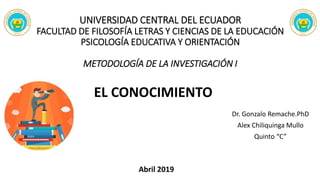 UNIVERSIDAD CENTRAL DEL ECUADOR
FACULTAD DE FILOSOFÍA LETRAS Y CIENCIAS DE LA EDUCACIÓN
PSICOLOGÍA EDUCATIVA Y ORIENTACIÓN
METODOLOGÍA DE LA INVESTIGACIÓN I
Dr. Gonzalo Remache.PhD
Alex Chiliquinga Mullo
Quinto “C”
EL CONOCIMIENTO
Abril 2019
 