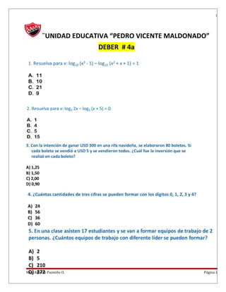 1
¨UNIDAD EDUCATIVA “PEDRO VICENTE MALDONADO”
DEBER # 4a
Msg. Alberto Pazmiño O. Página 1
 